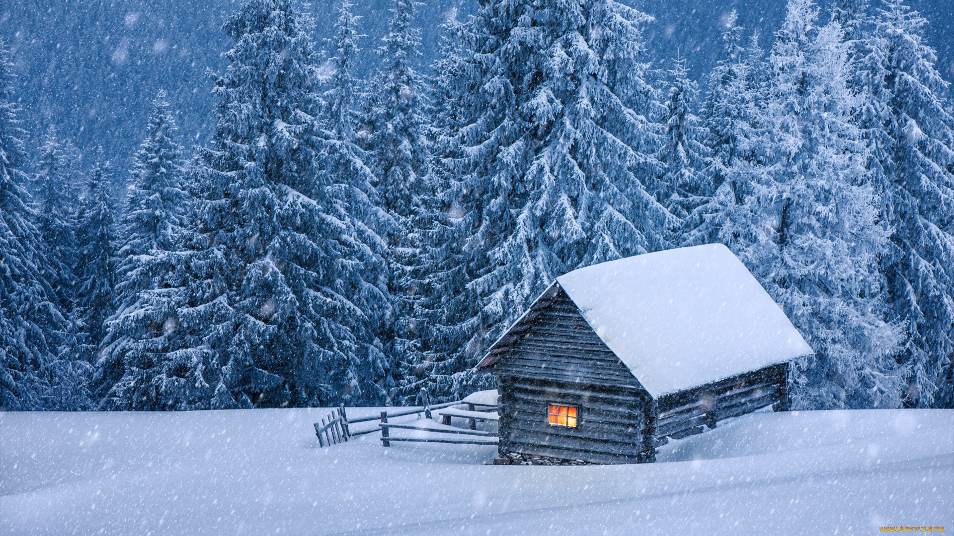 природа, зима, хижина, домик, елки, снег, landscape, snow, winter