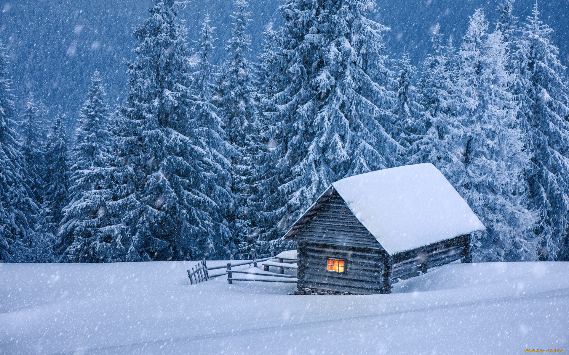 природа, зима, хижина, домик, елки, снег, landscape, snow, winter