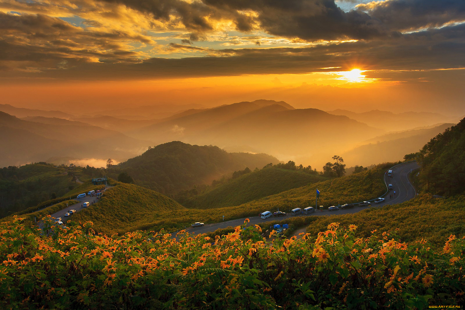 природа, восходы, закаты, солнце, дорога, таиланд, цветы, закат, облака, пейзаж, горы