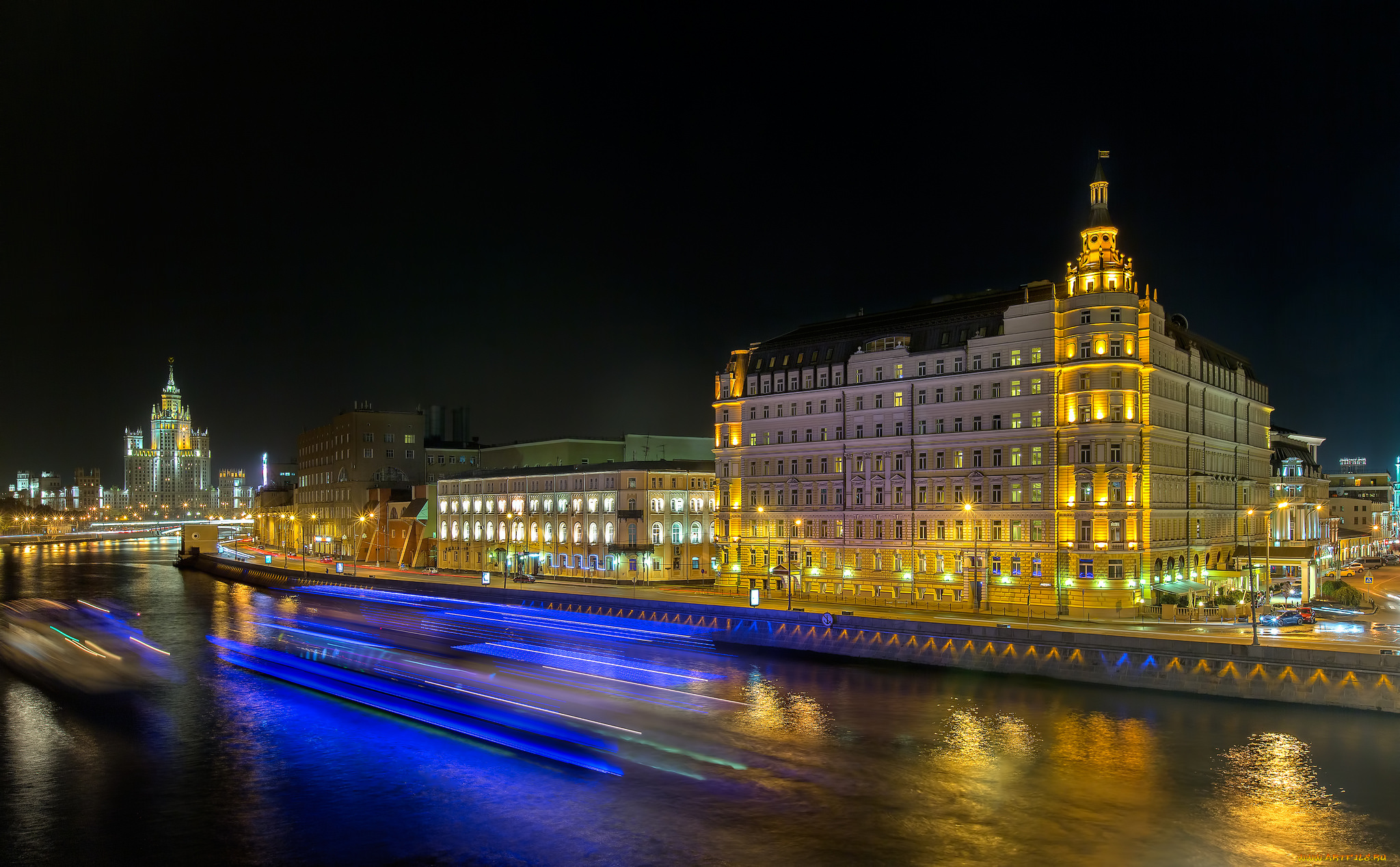 москва, города, москва, , россия, ночь, река, здания