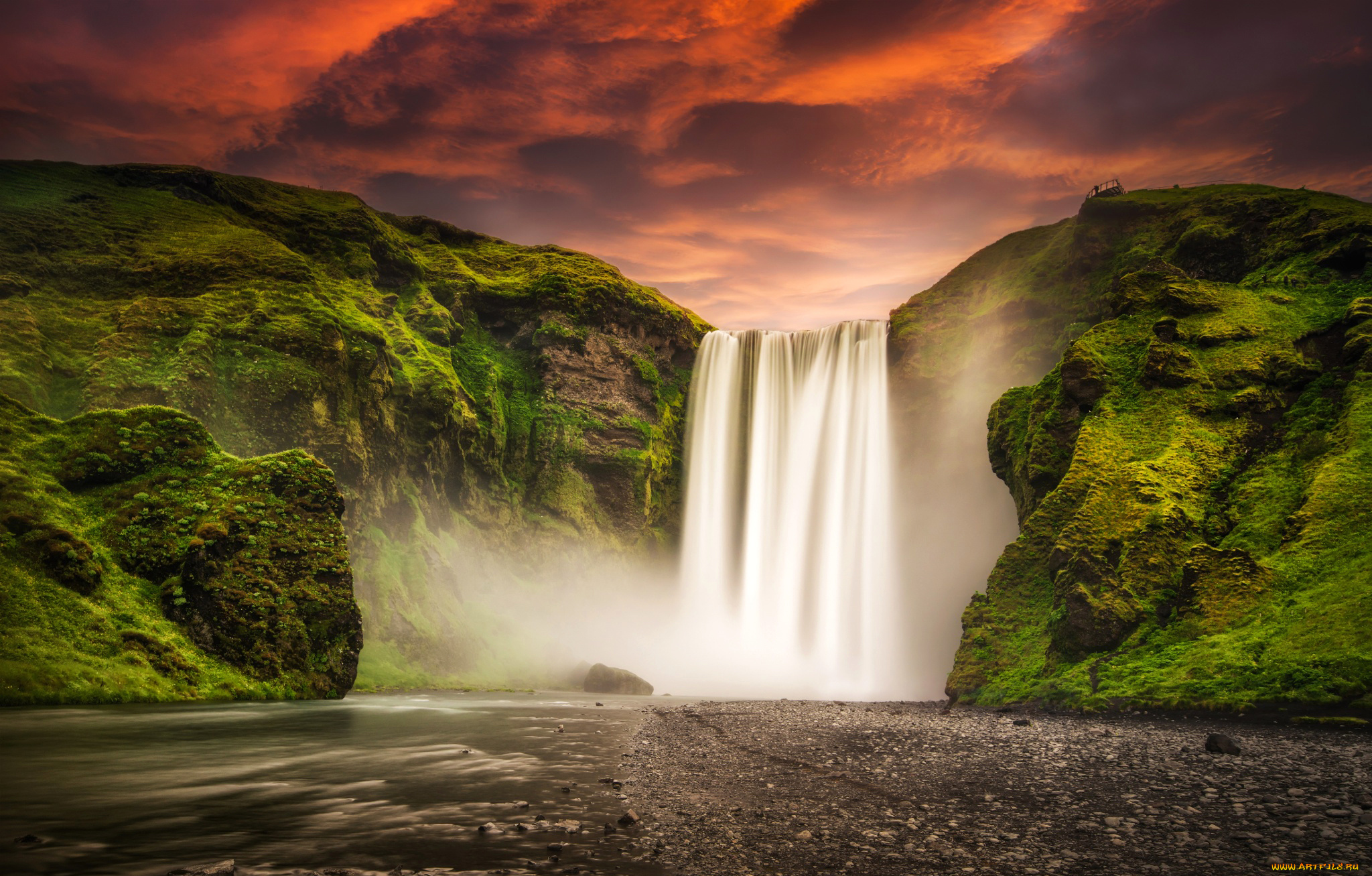 природа, водопады, небо, закат, река, горы, скогафосс, водопад, исландия, skogafoss, iceland
