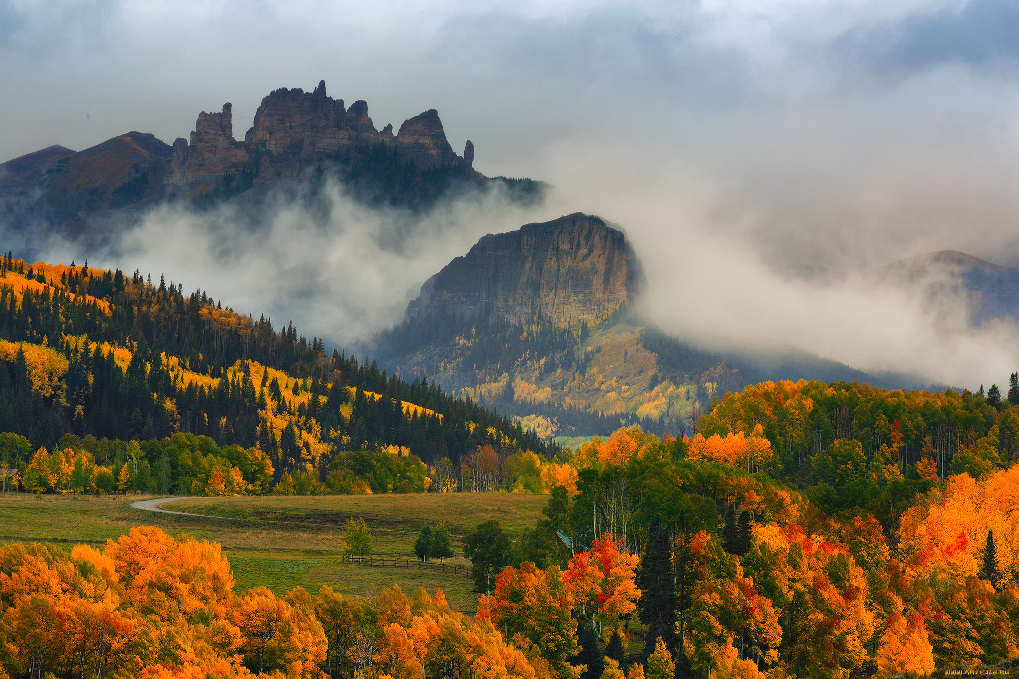 природа, горы, осень, туман, деревья, лес, краски, колорадо, штат, сша