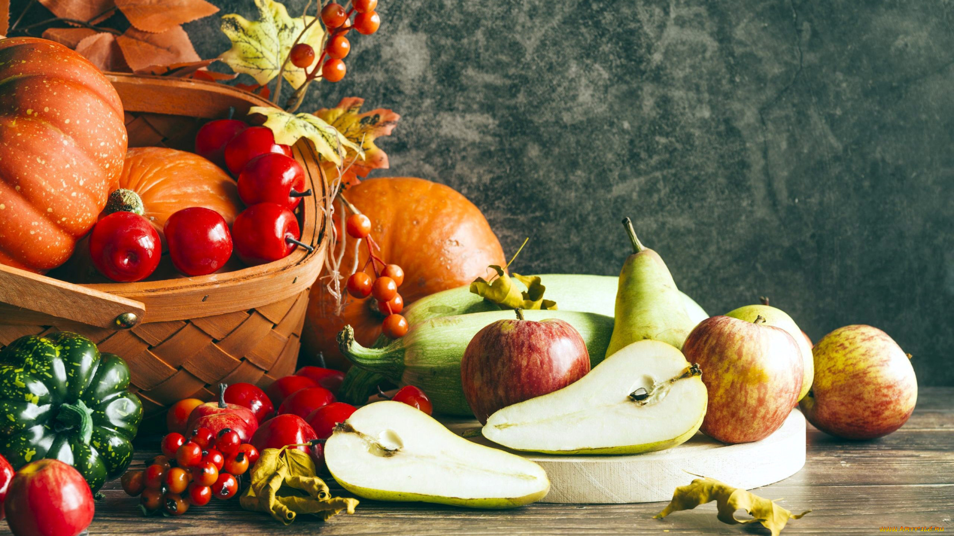 еда, фрукты, и, овощи, вместе, яблоко, груша, кабачок, тыква