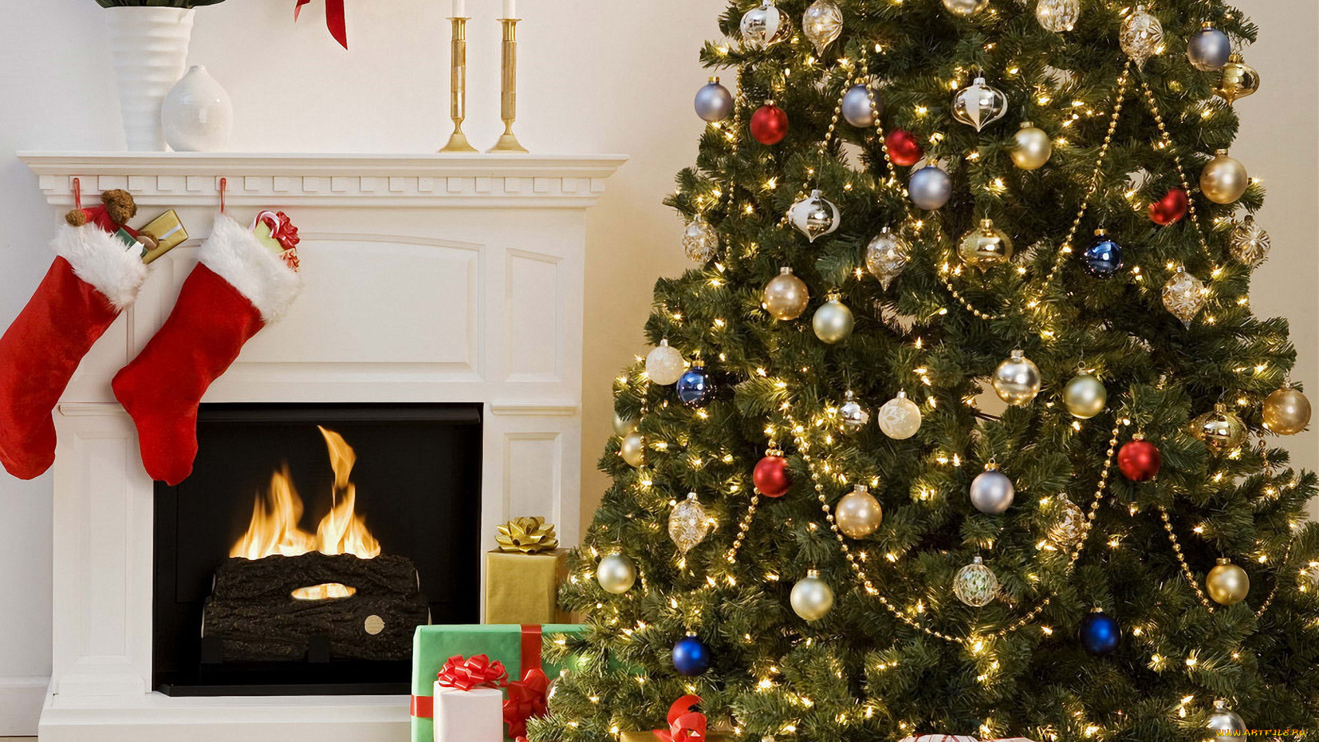 новогодний, интерьер, праздничные, очаг, елка, подарки, украшения, камин, свечи