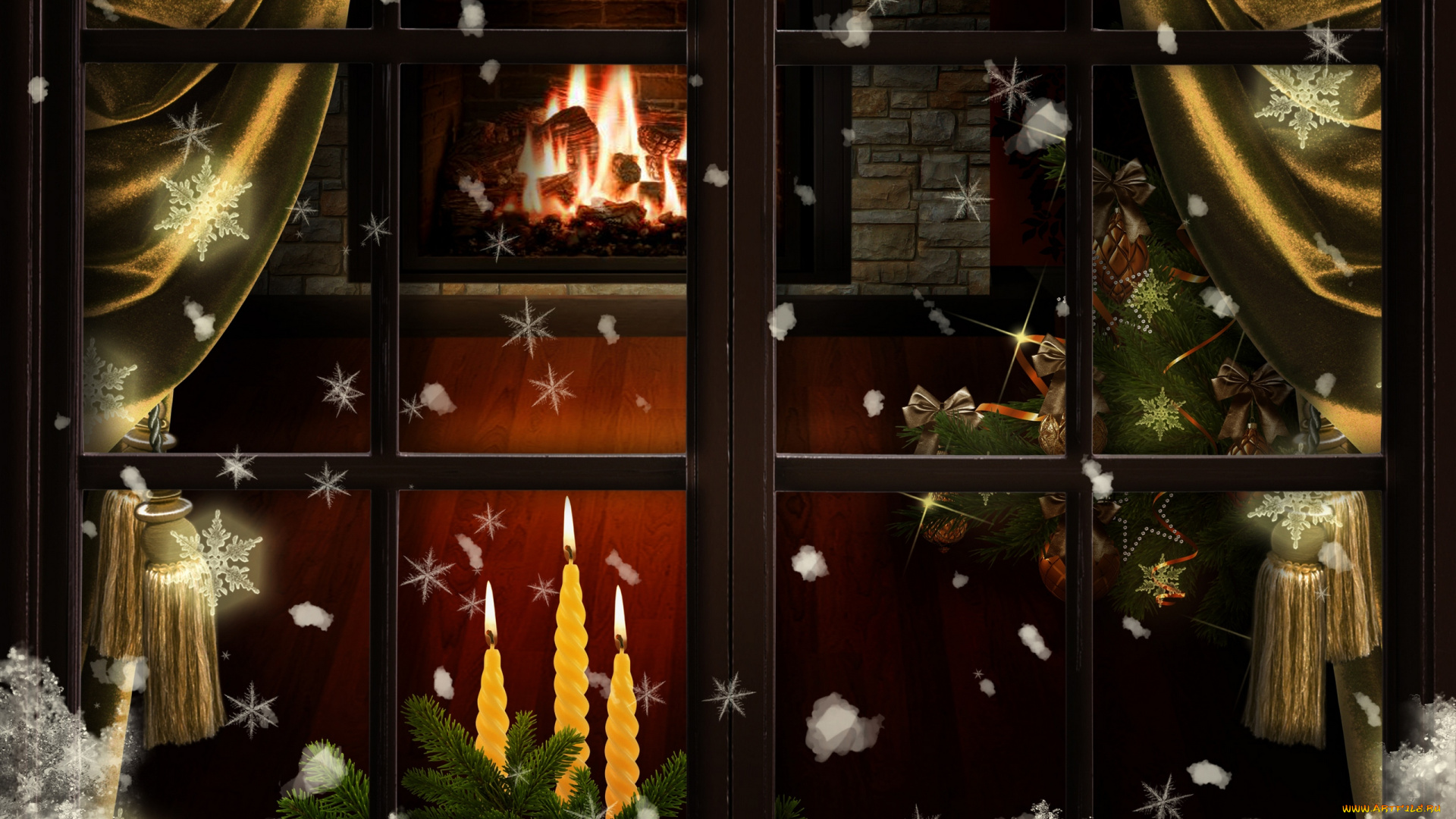 праздничные, 3д, графика, новый, год, окно, снег, снежинки, елка, свечи