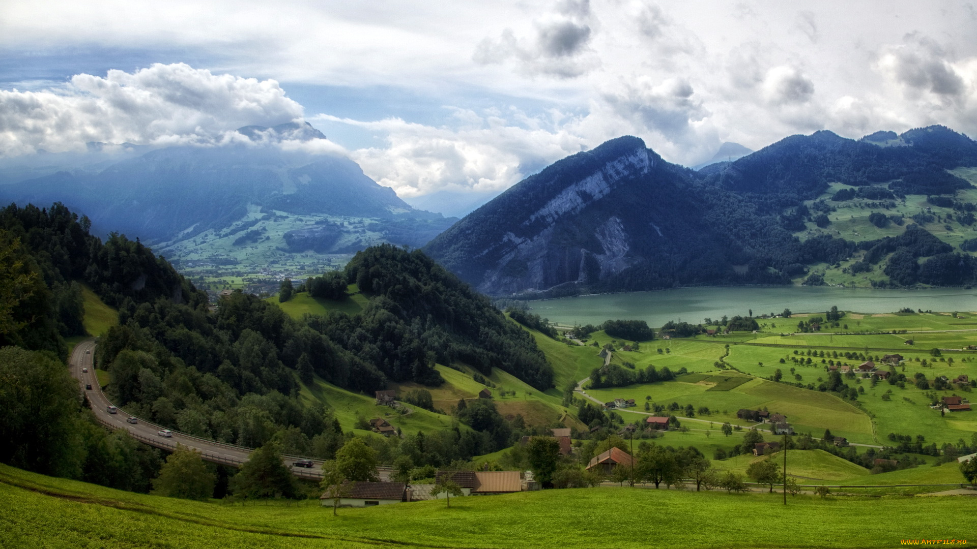 швейцария, штайнен, природа, горы, долина, облака