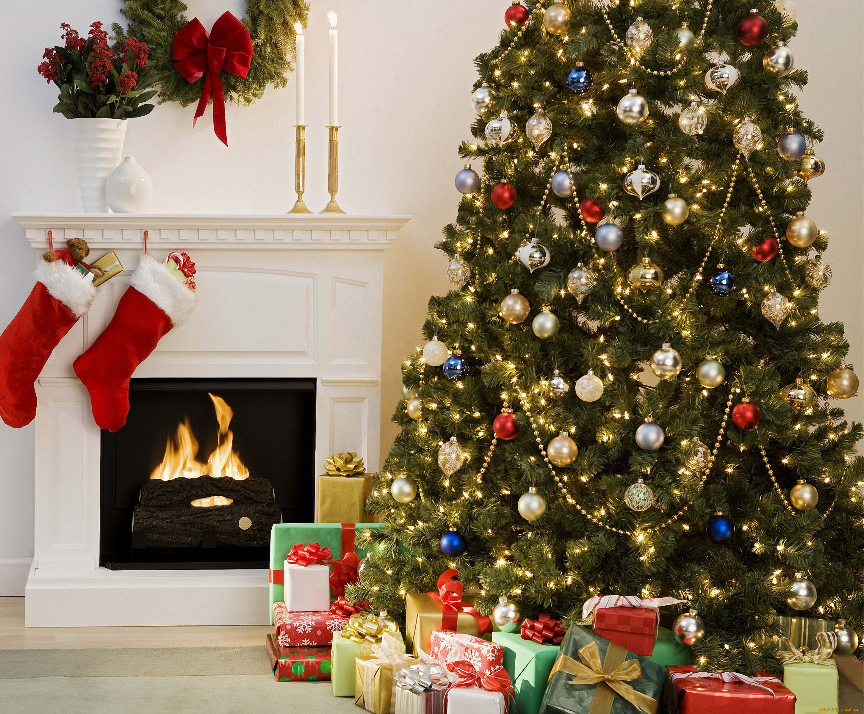 новогодний, интерьер, праздничные, очаг, елка, подарки, украшения, камин, свечи