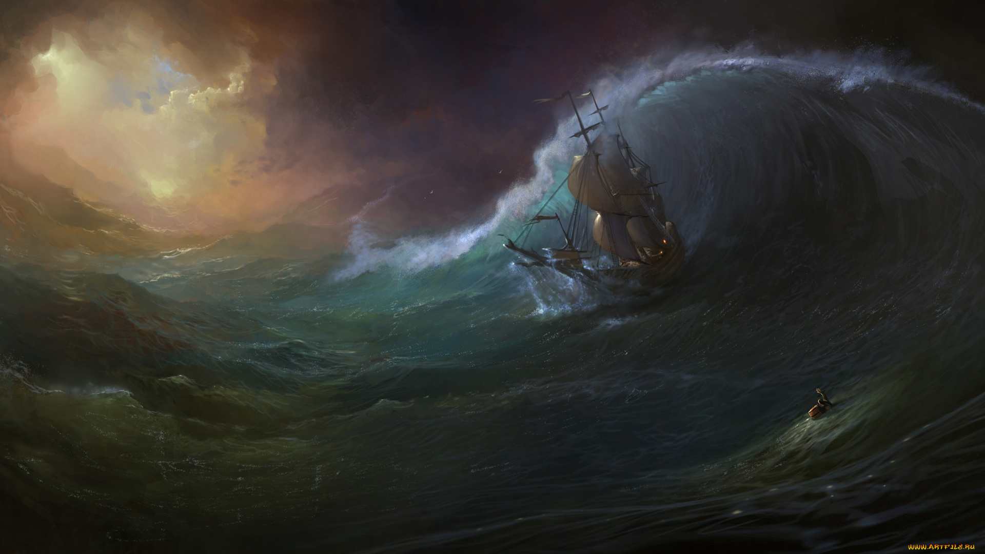 корабли, рисованные, человек, море, корабль, волны, шторм