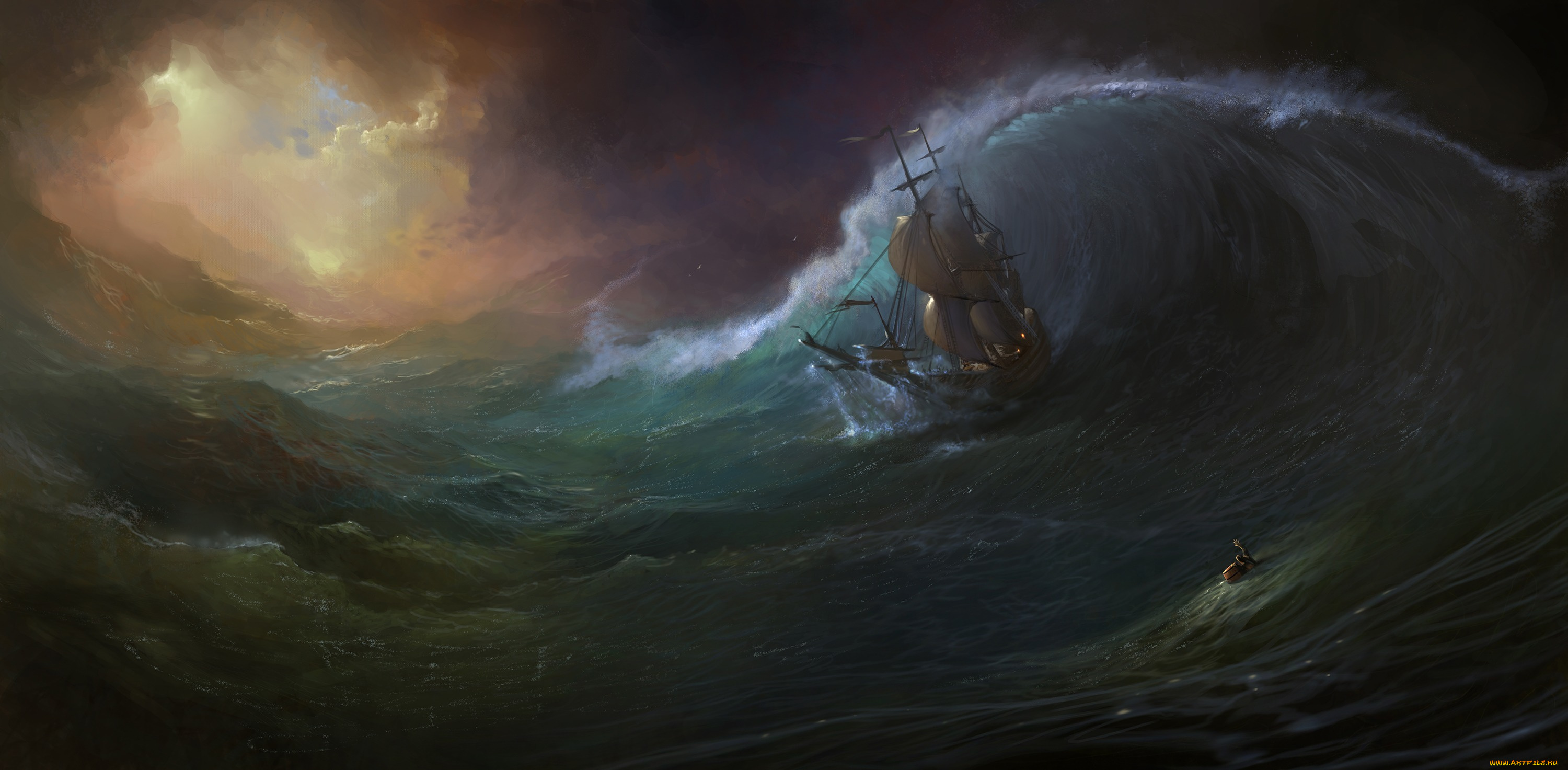 корабли, рисованные, человек, море, корабль, волны, шторм