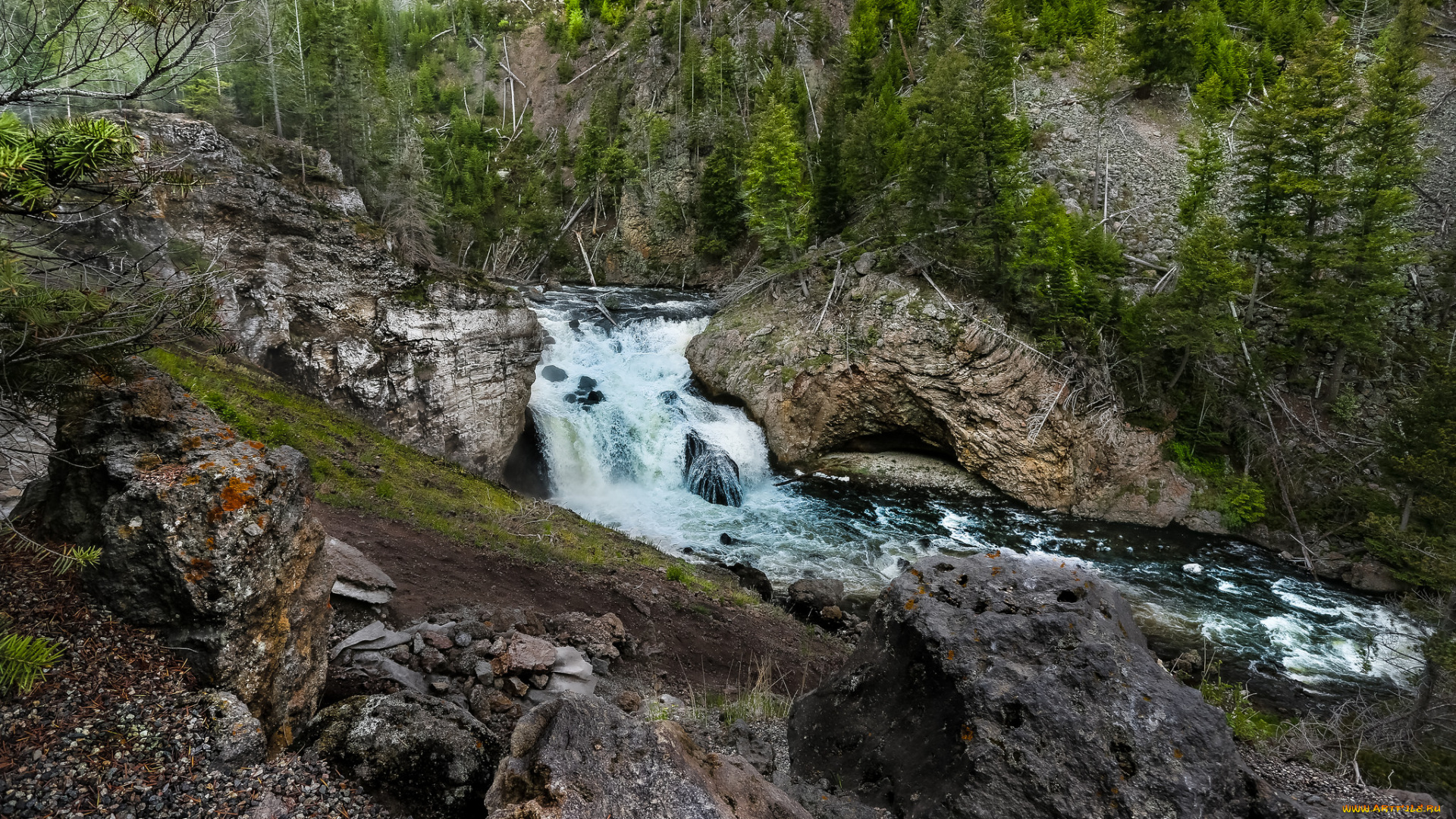 природа, водопады, водопад, река, лес