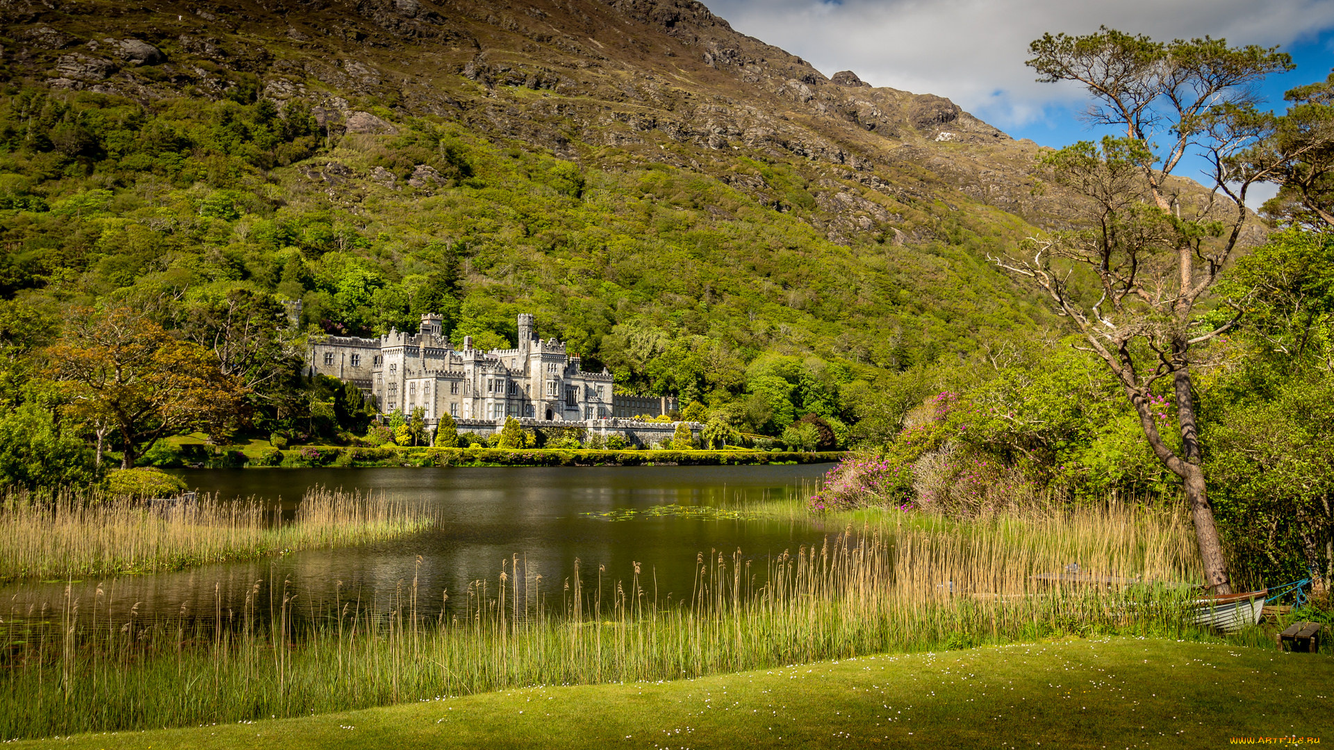 kylemore, abbey, , connemara, , co, galway, , ireland, города, -, пейзажи, лес, река