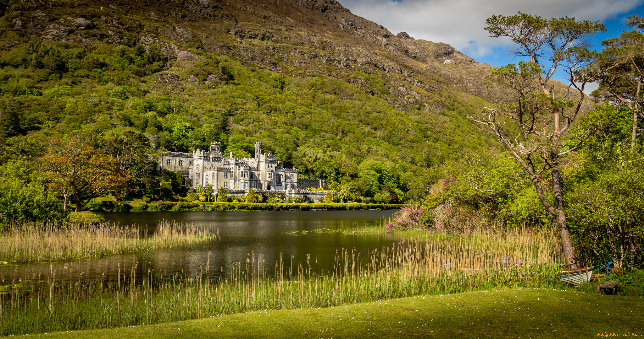 kylemore, abbey, , connemara, , co, galway, , ireland, города, -, пейзажи, лес, река