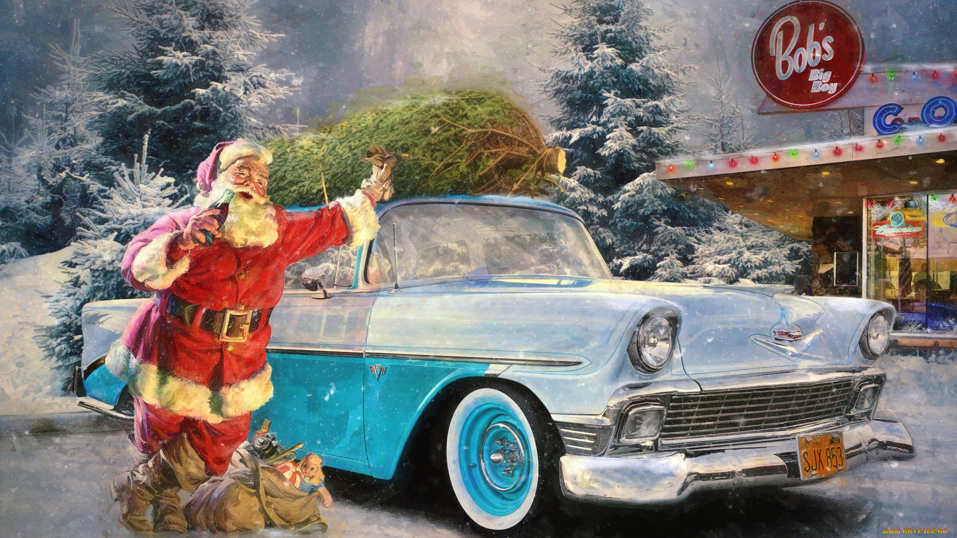 праздничные, рисованные, снег, зима, автомобиль, подарки, дед, мороз, ретро, праздник, санта, клаус