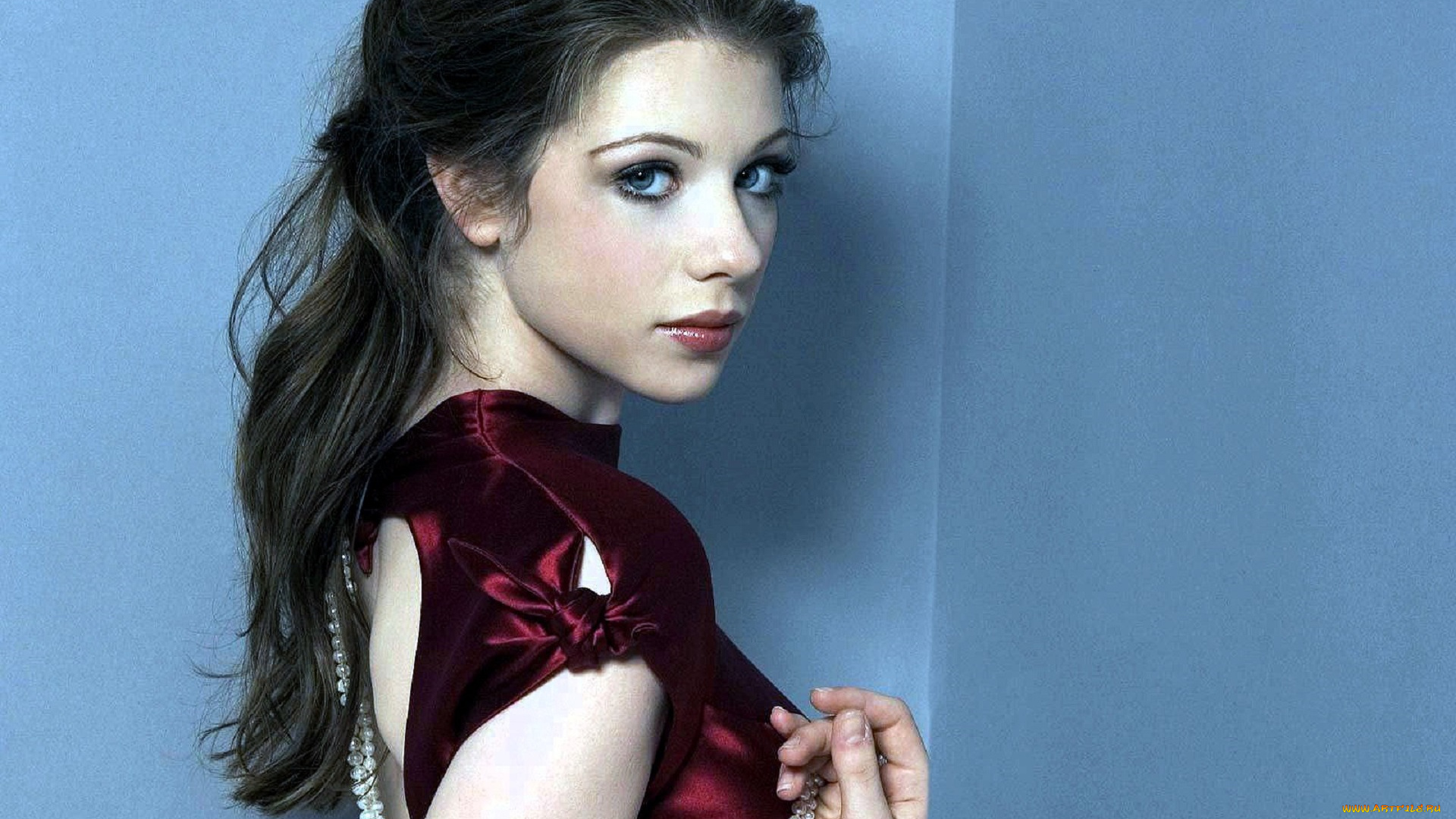 девушки, michelle, trachtenberg, шатенка, лицо, платье, бусы