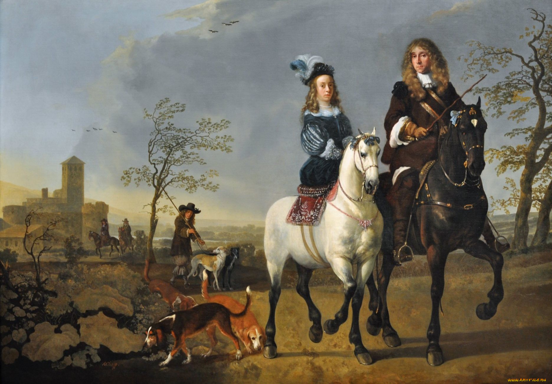 lady, and, gentleman, on, horseback, рисованные, aelbert, cuyp, собака, всадник, всадница, лошадь