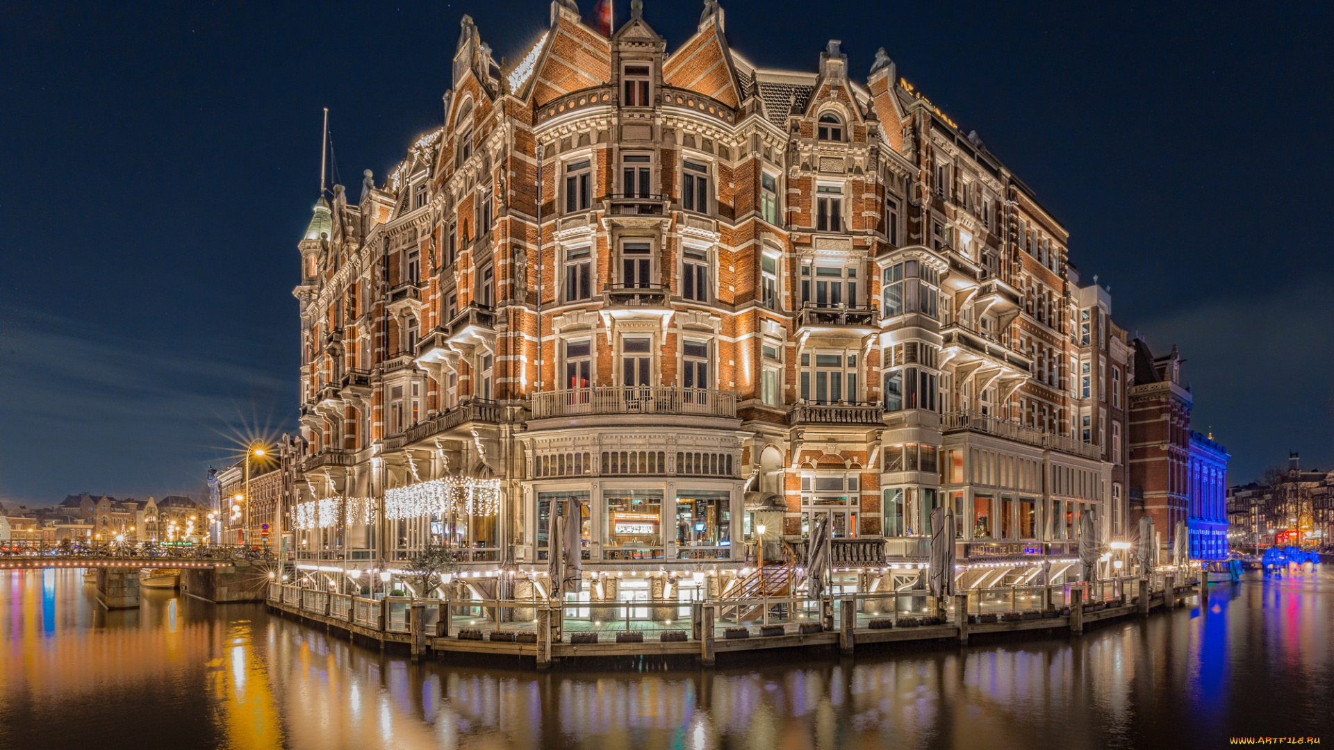 hotel, de, l`europe, , amsterdam, города, амстердам, , нидерланды, здание, ночь, вода