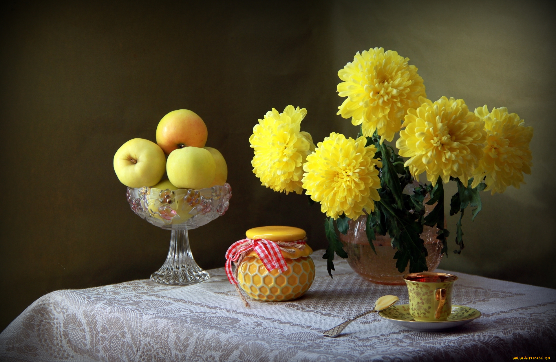 еда, натюрморт, баночка, хризантемы, желтый, яблоки, чашка