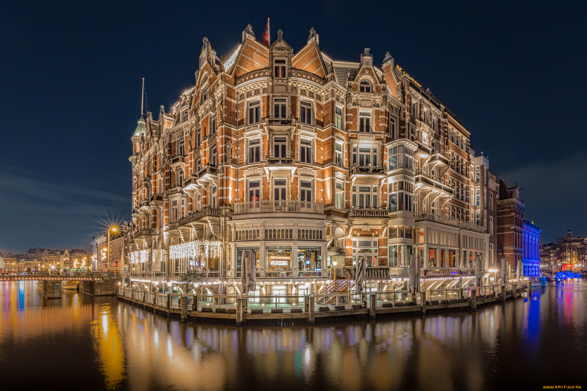 hotel, de, l`europe, , amsterdam, города, амстердам, , нидерланды, здание, ночь, вода