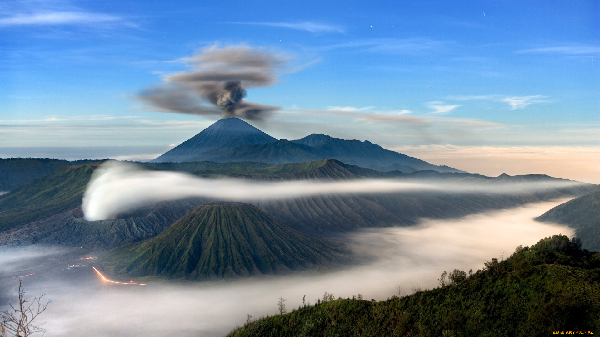 природа, стихия, индонезия, вулкан, остров, горы, облака