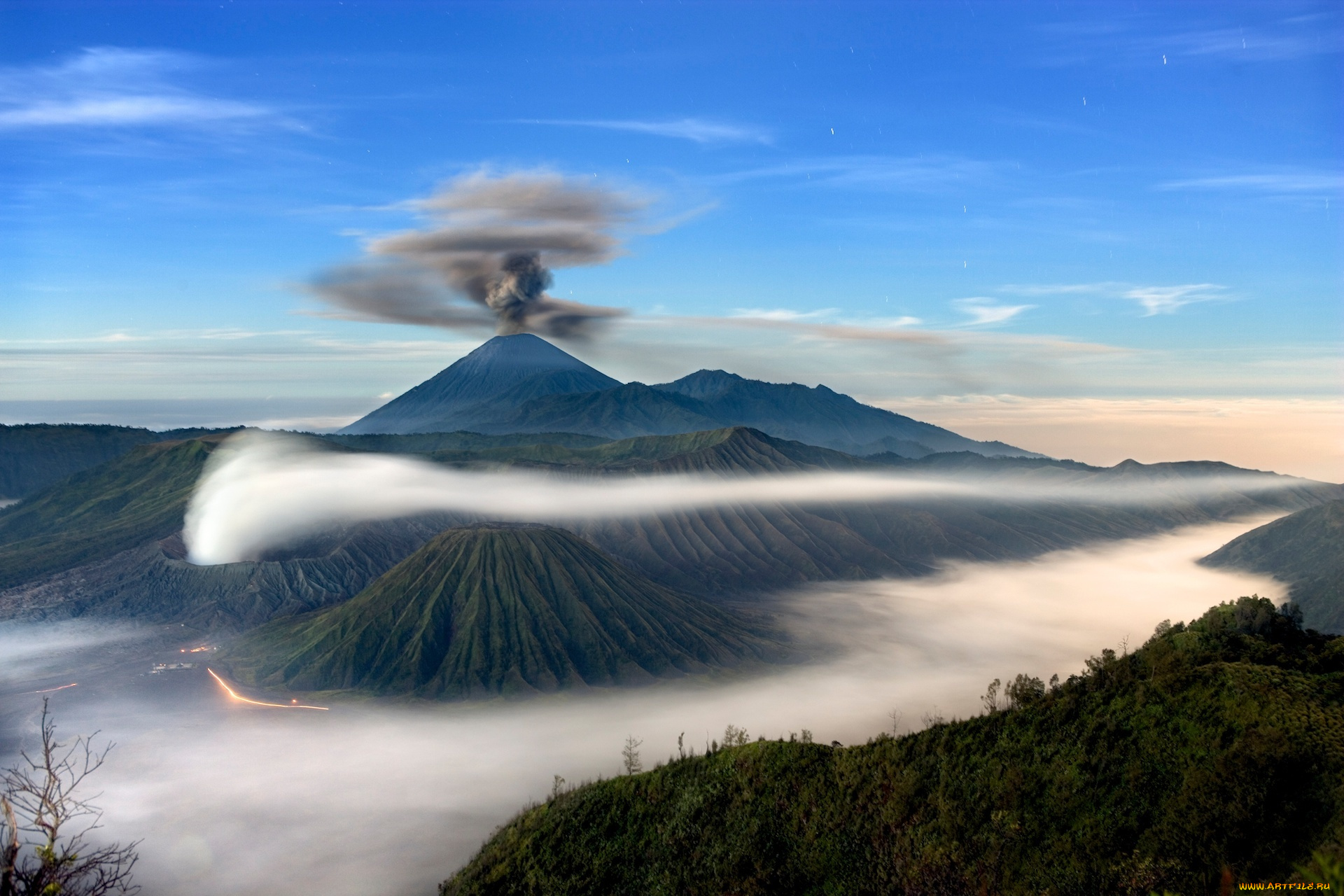 природа, стихия, индонезия, вулкан, остров, горы, облака