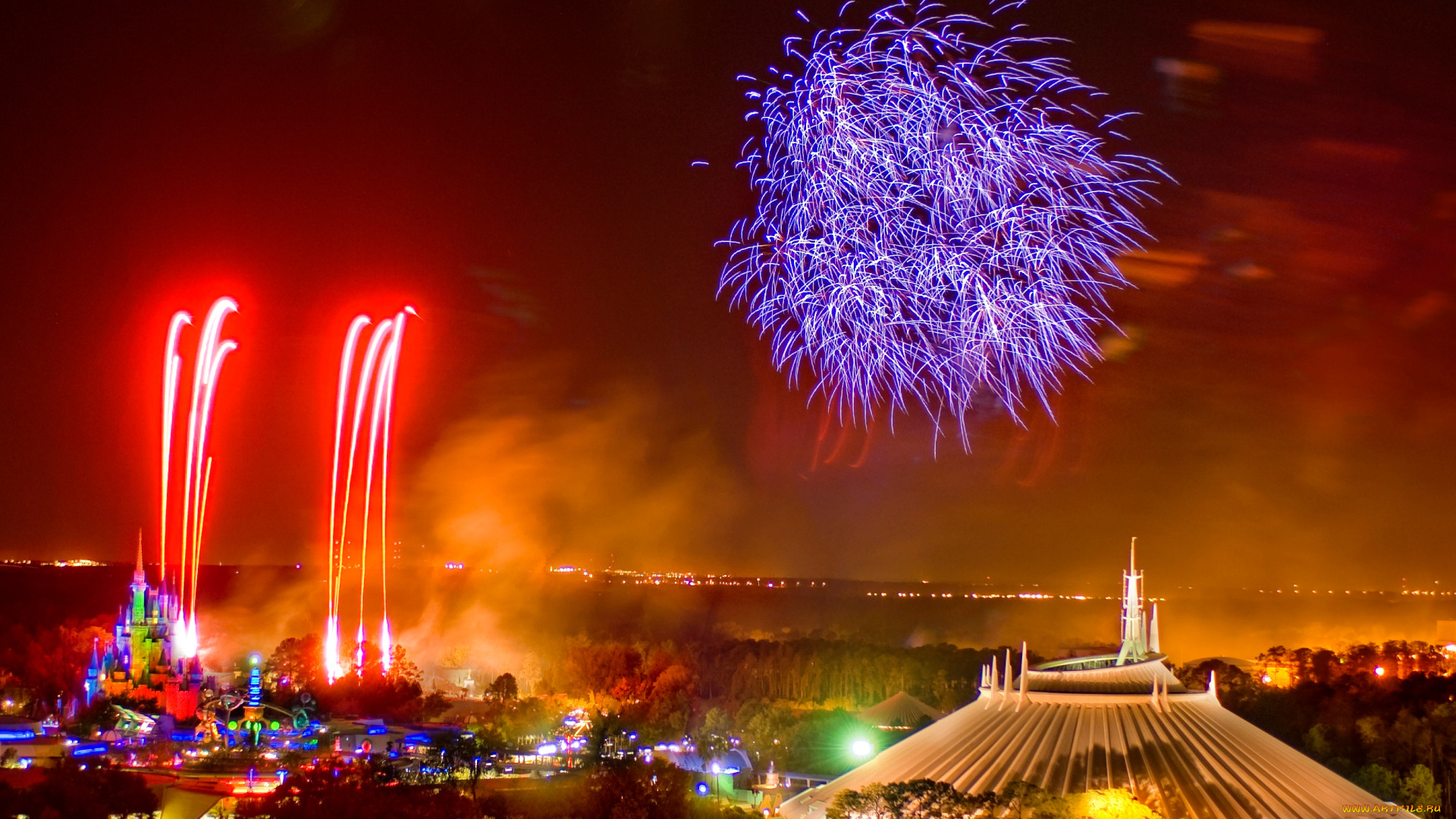 разное, салюты, фейерверки, город, ночные, огни, праздник, disneyland