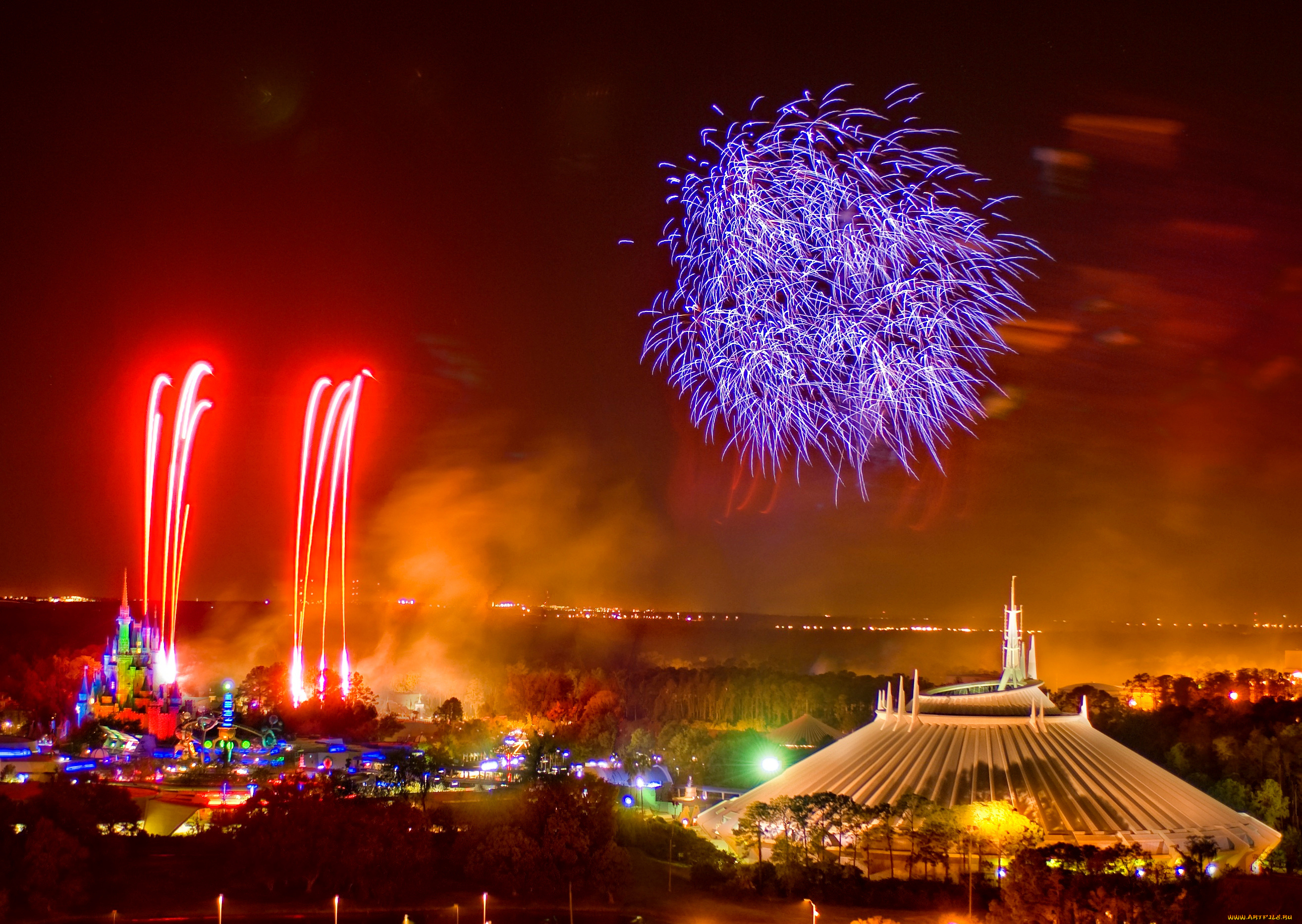 разное, салюты, фейерверки, город, ночные, огни, праздник, disneyland