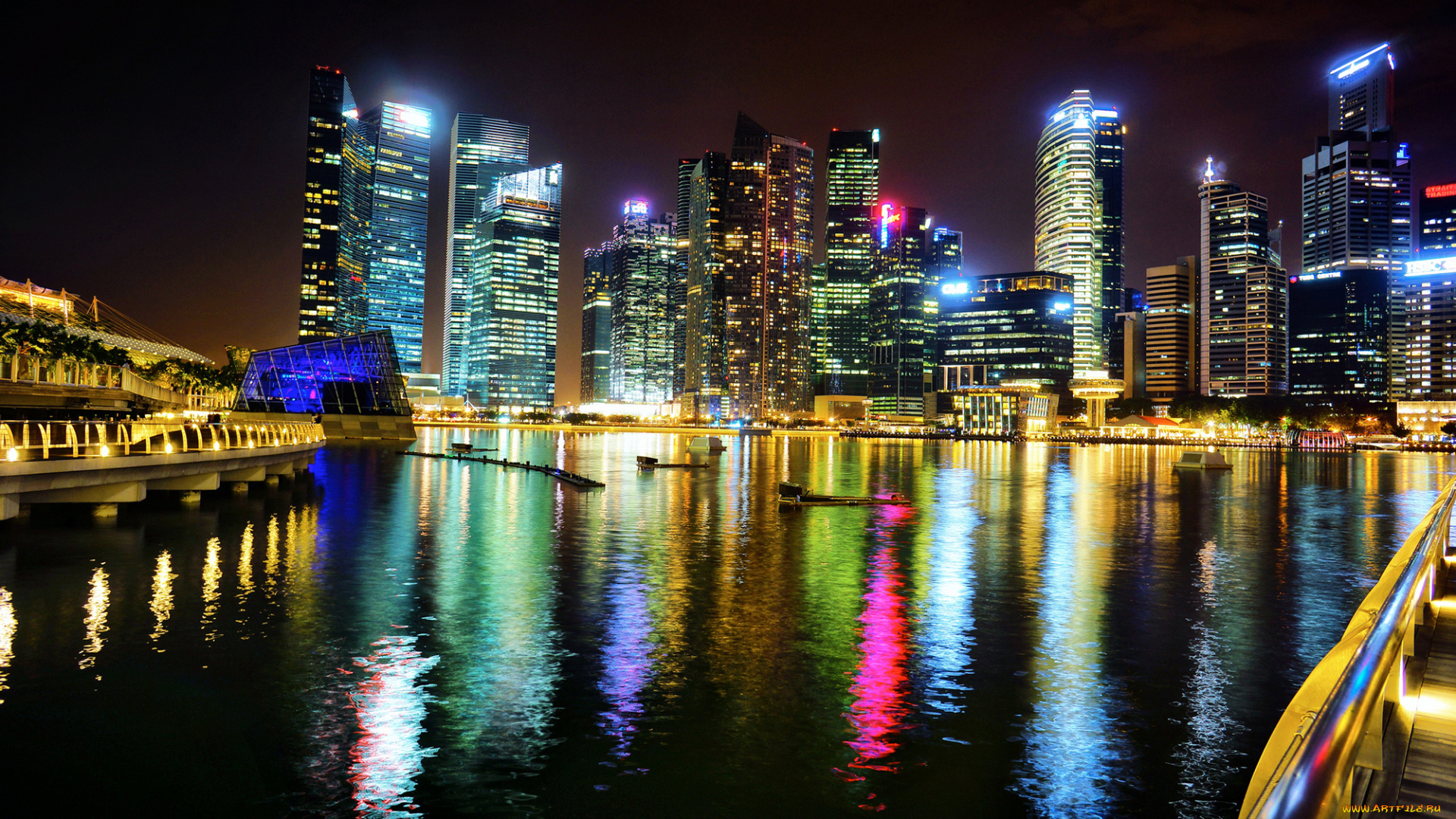 города, сингапур, , сингапур, singapore, marina, bay, азия, город, ночь, залив, огни, подсветка, небоскребы, здания, высотки