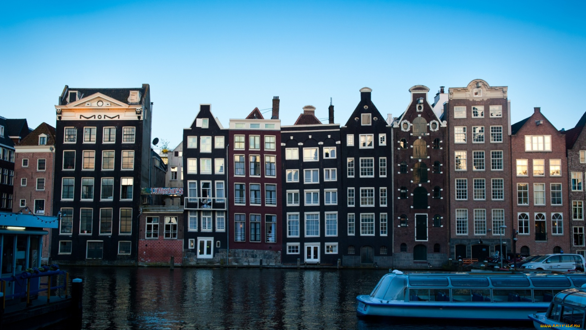 города, амстердам, , нидерланды, канал, дома, катера