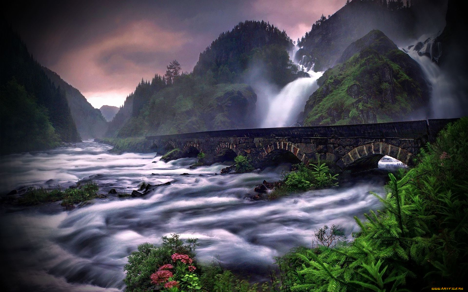 природа, водопады, горы, река, мост