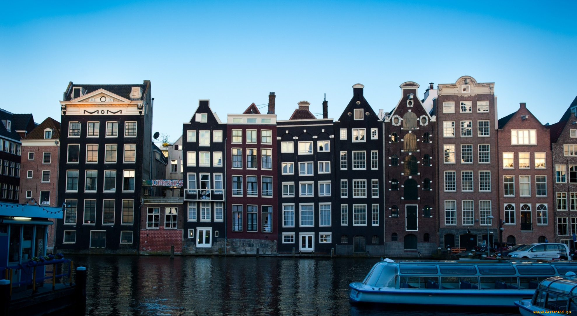 города, амстердам, , нидерланды, канал, дома, катера