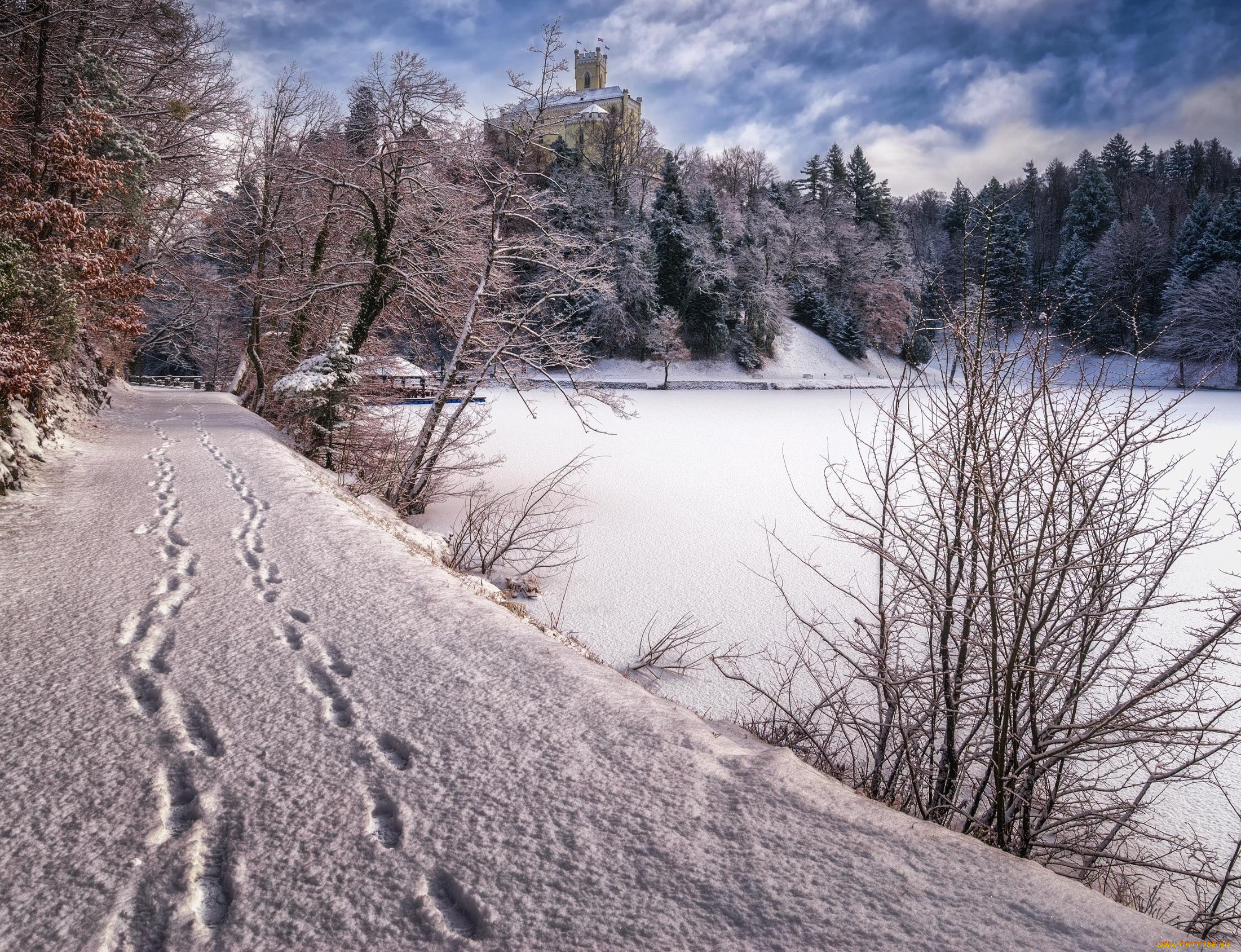 природа, зима, снег, водоём, croatia, castle, trakoscan