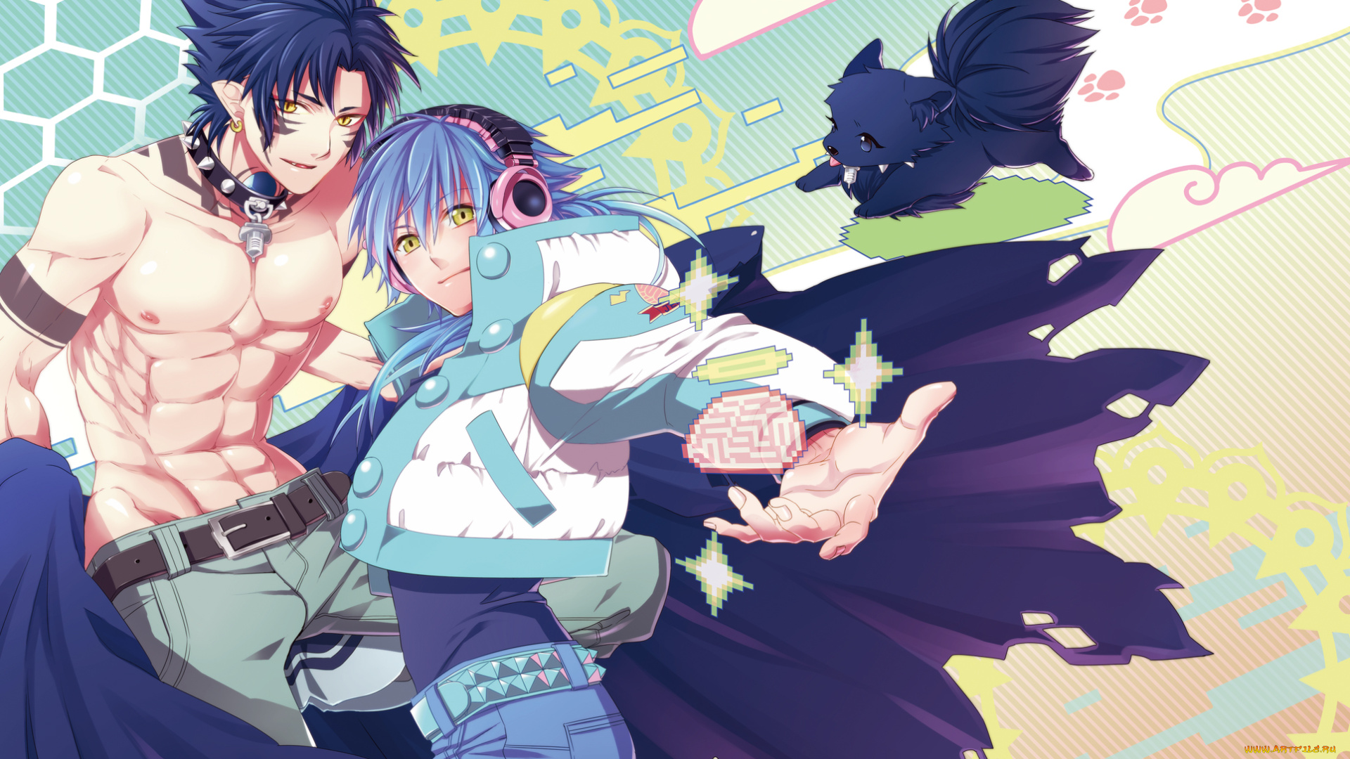 аниме, dramatical, murder, графика, щенок, парни, следы