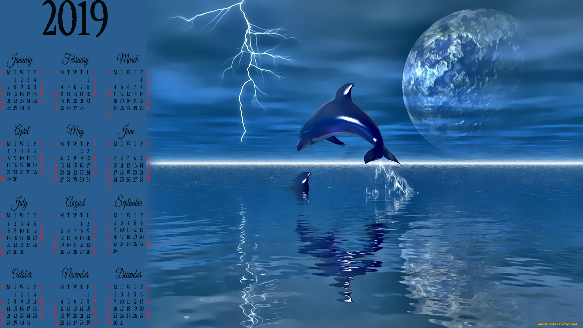 календари, 3д-графика, водоем, планета, молния, дельфин