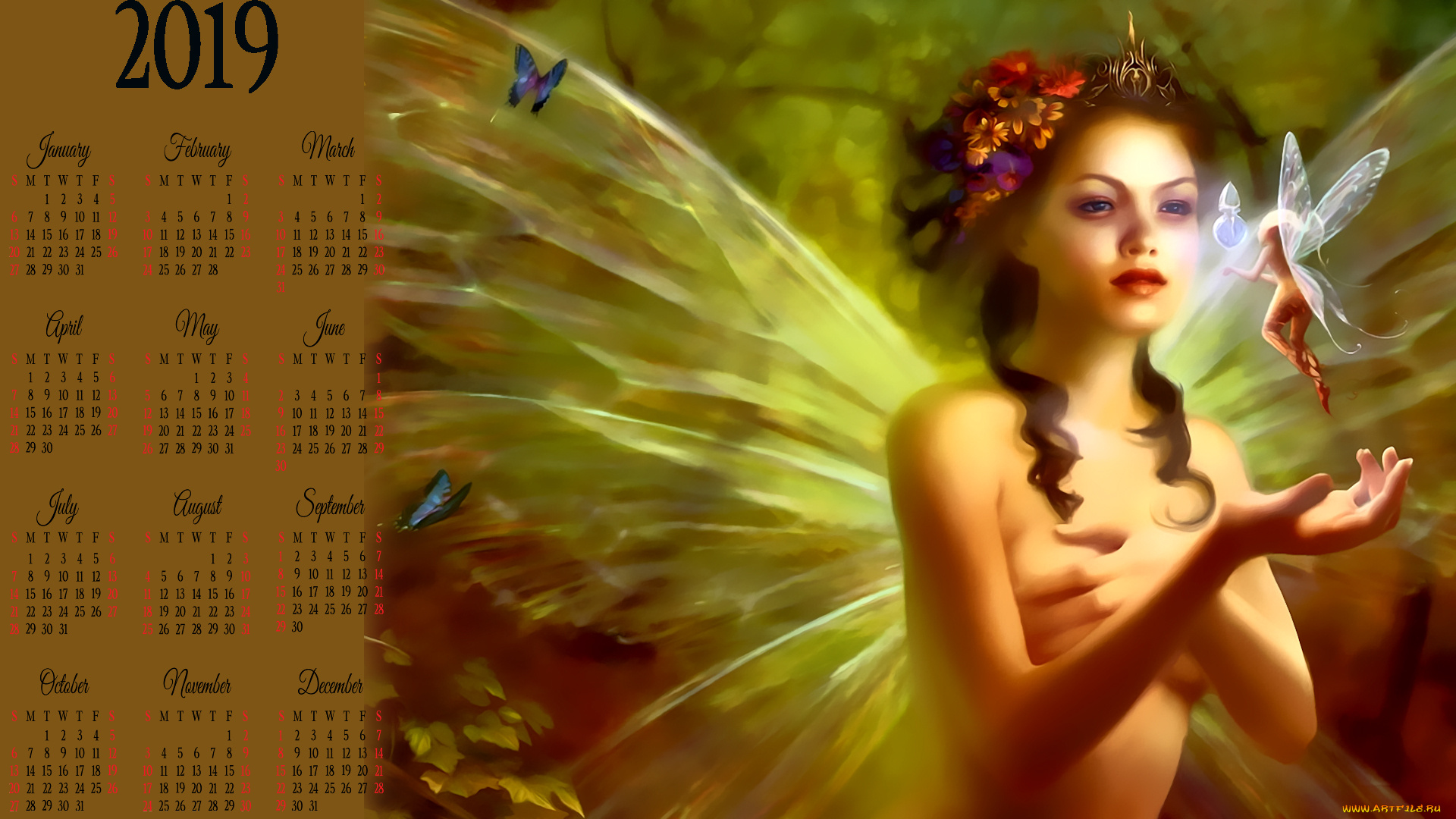 календари, фэнтези, венок, цветы, крылья, фея, бабочка, девушка