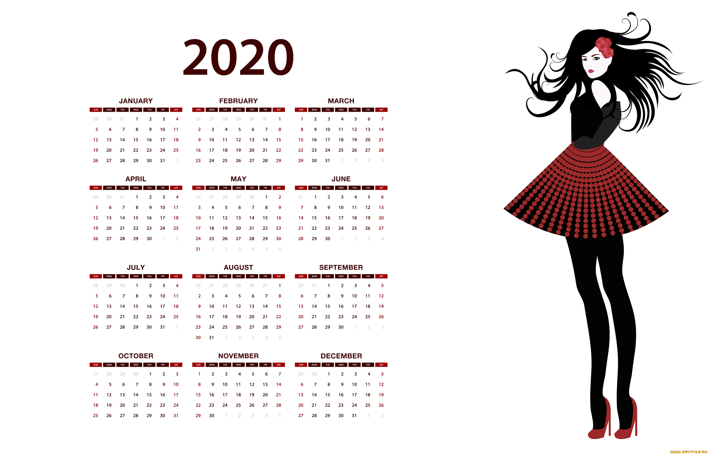 календари, рисованные, , векторная, графика, цветок, изолированный, девушка, фон, белый, calendar, 2020