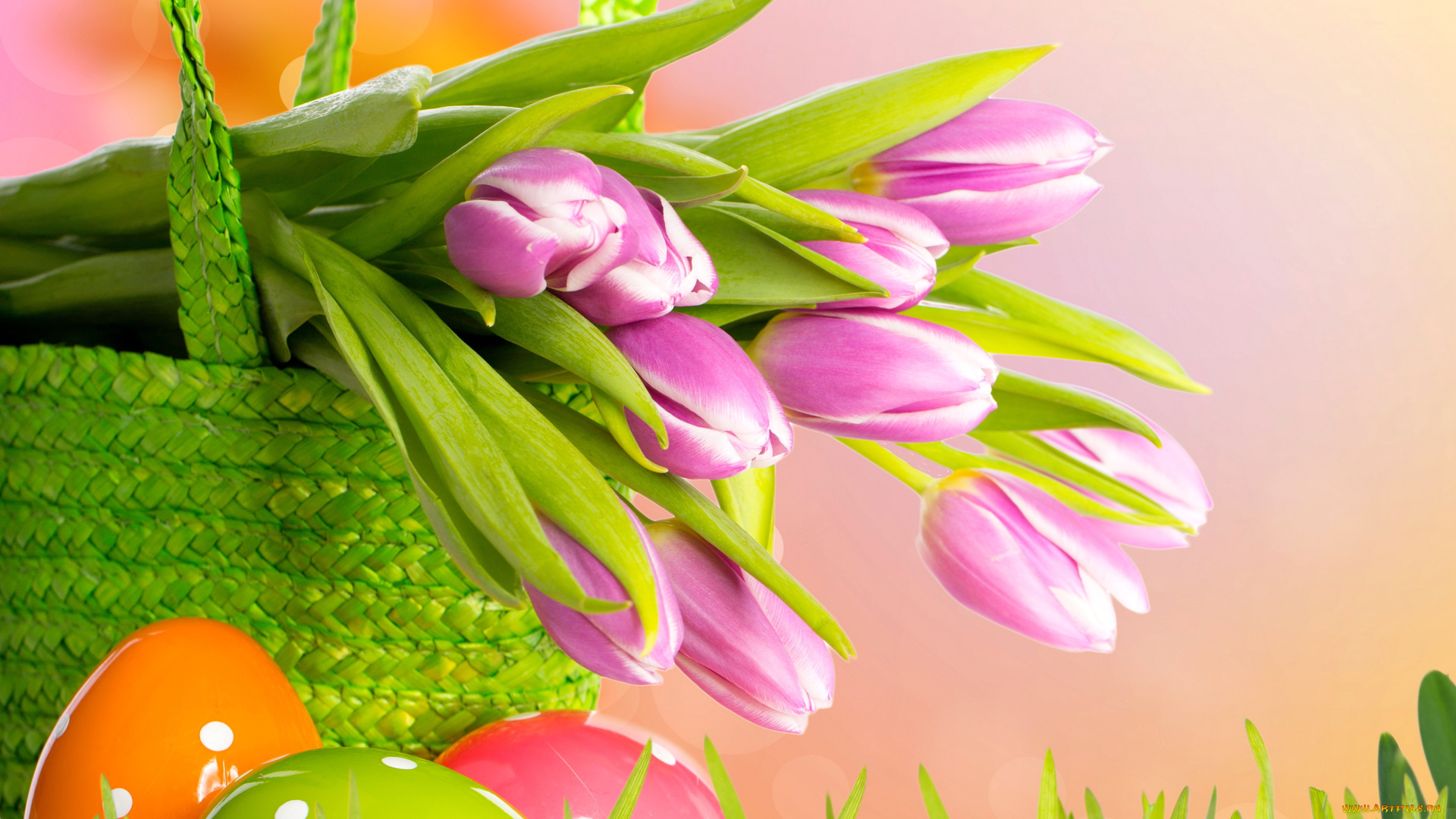 праздничные, пасха, grass, eggs, basket, tulips, flowers, spring, easter