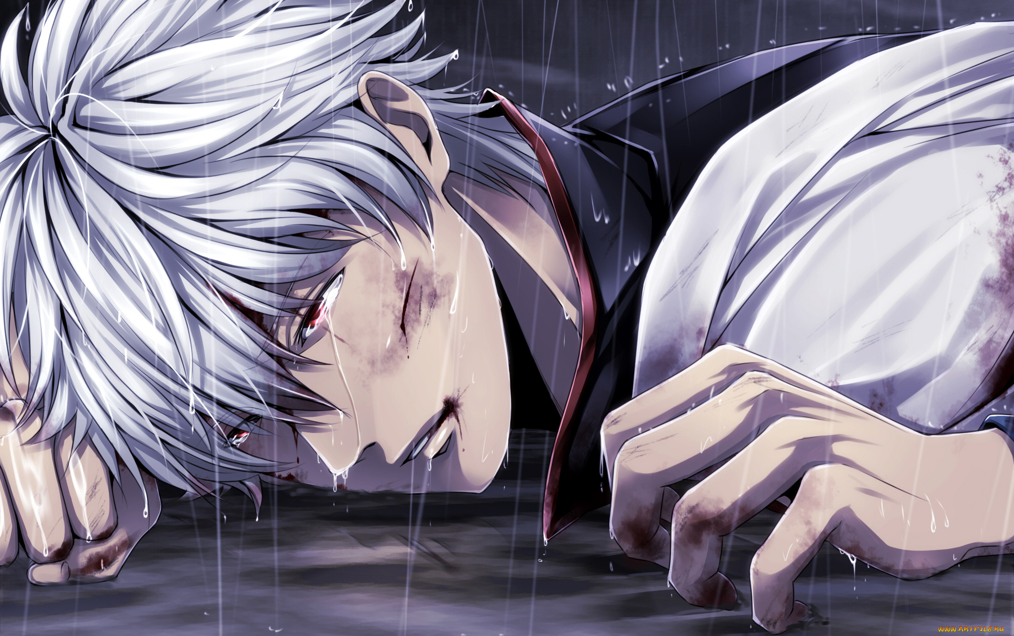 аниме, gintama, кровь, порез, дождь, парень, sakata, gintoki