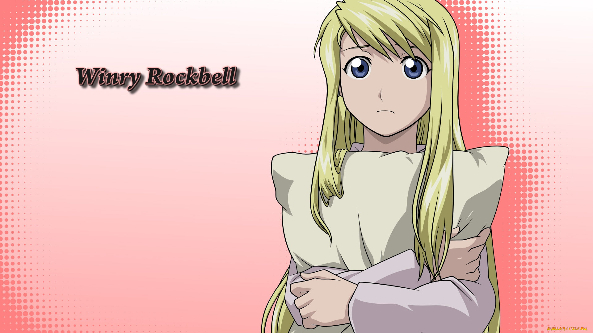 аниме, fullmetal, alchemist, подушка, взгляд, блондинка, девушка, winry, rockbell, fullmetal, alchemist