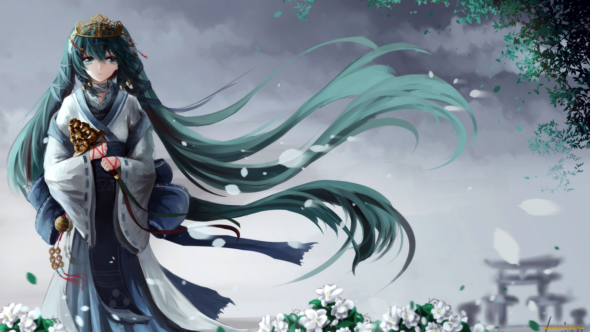 аниме, vocaloid, цветы, hatsune, miku, арт, kuroi, asahi, украшения, девушка, корона, листья, волосы