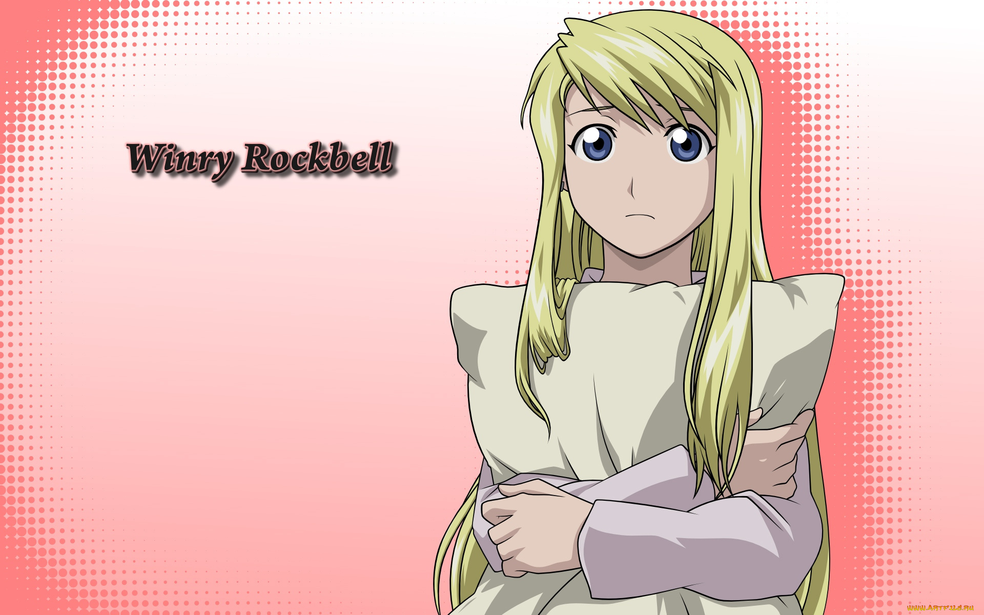 аниме, fullmetal, alchemist, подушка, взгляд, блондинка, девушка, winry, rockbell, fullmetal, alchemist