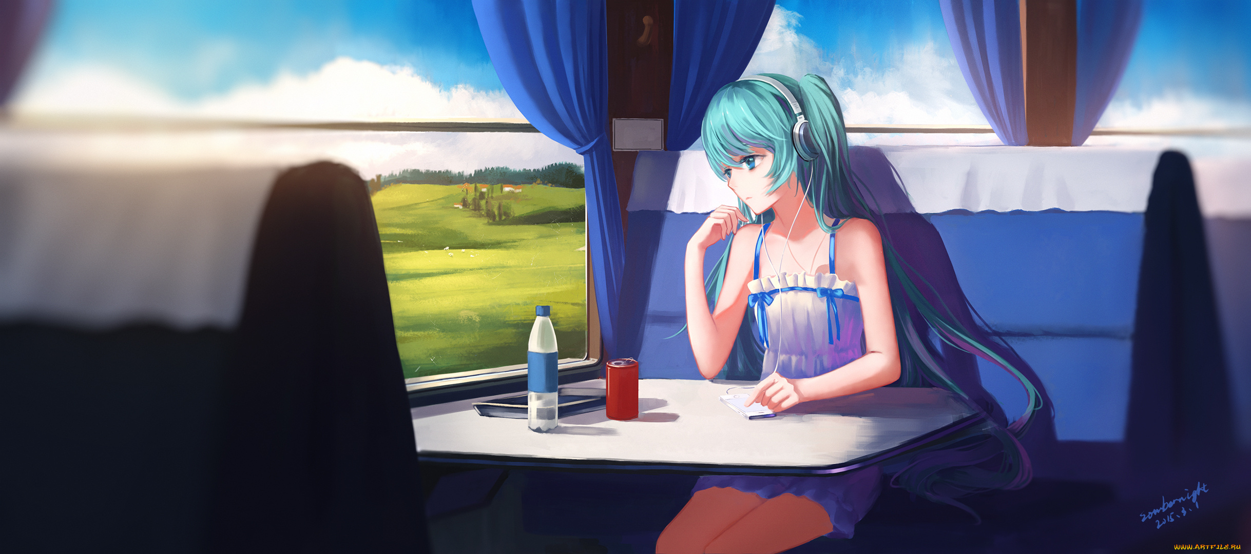 аниме, vocaloid, hatsune, miku, панорама, окно, поезд, девушка, арт, sombernight