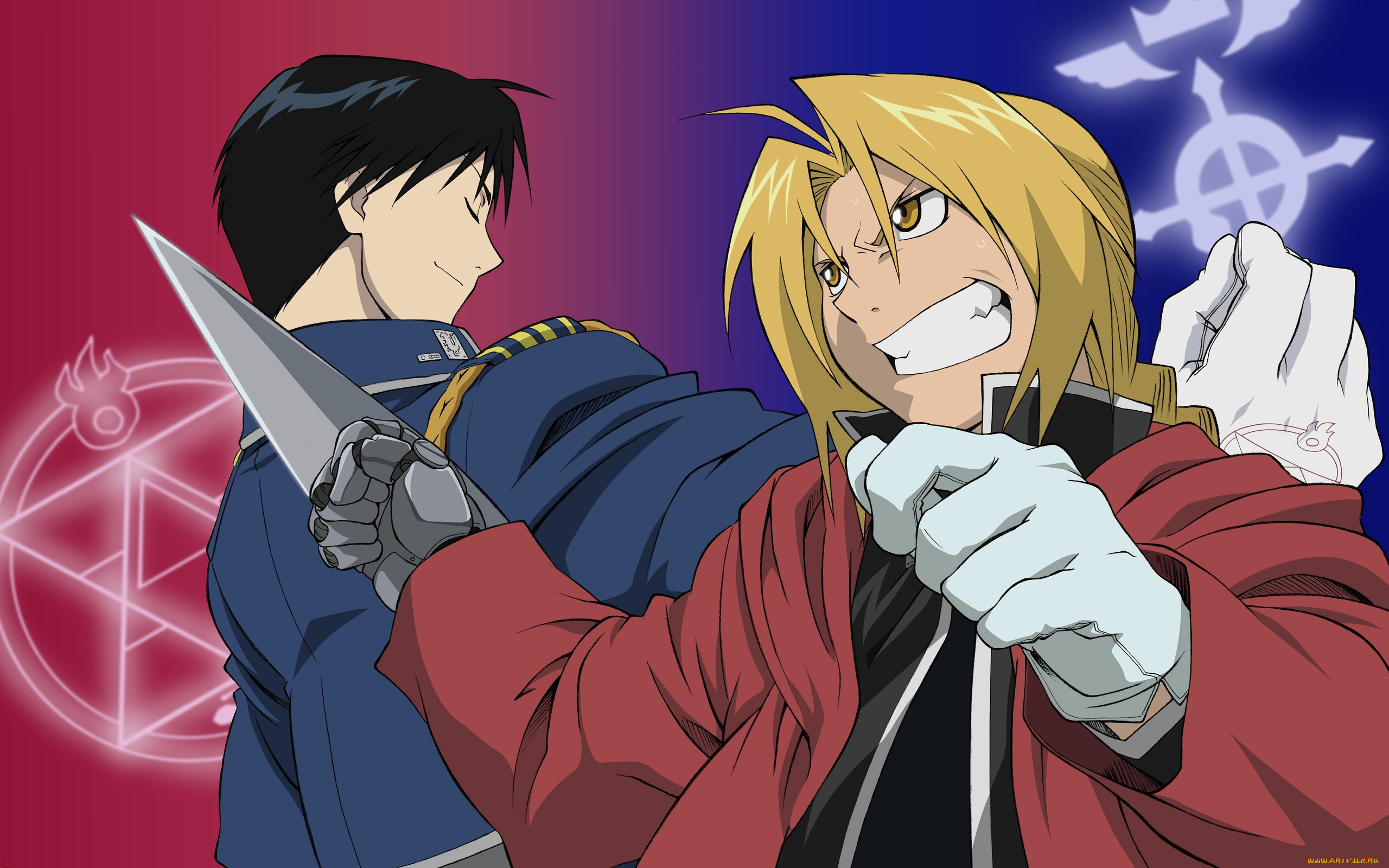 аниме, fullmetal, alchemist, блондин, брюнет, оружие, парни, roy, mustang, edward, elric, fullmetal, alchemist