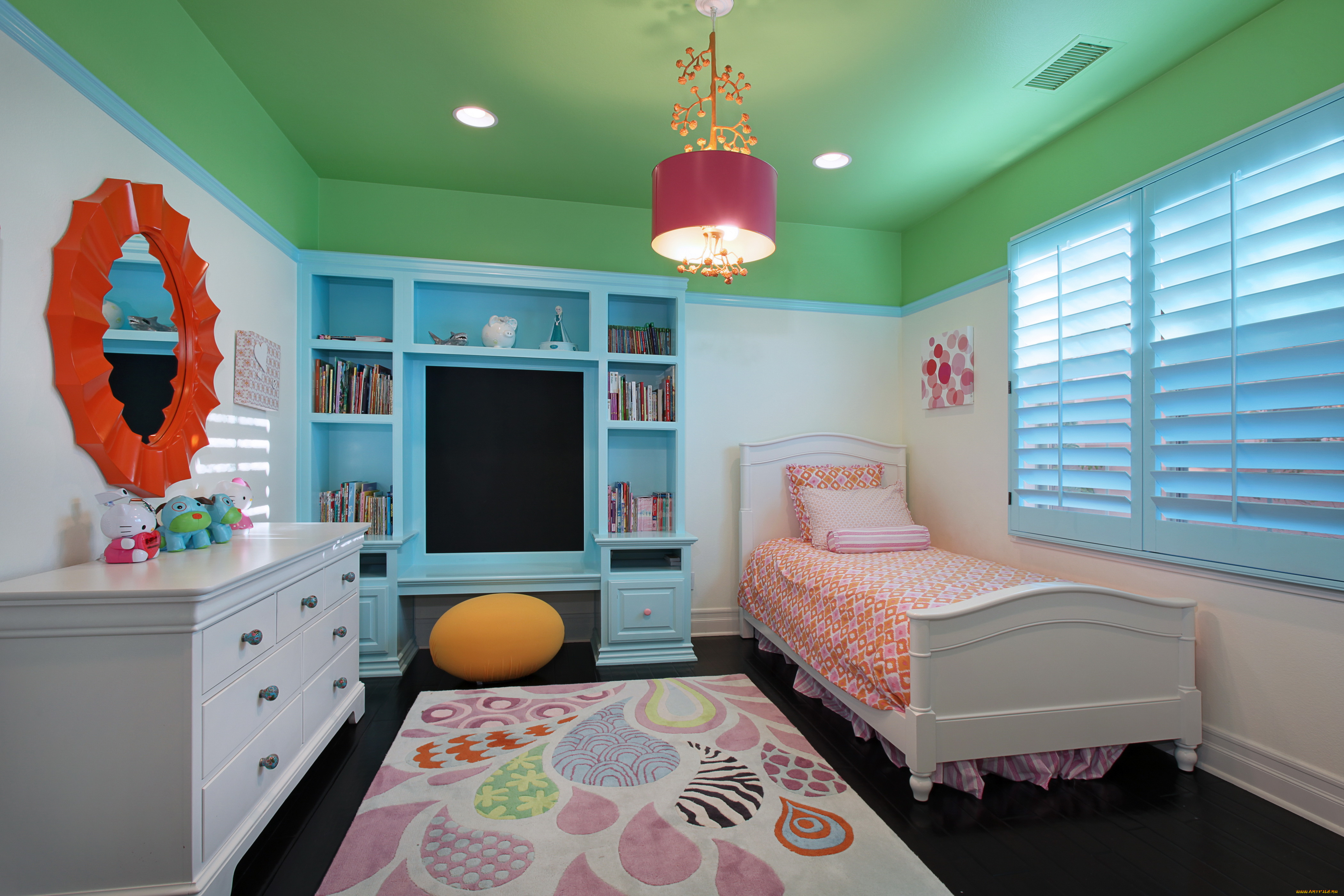 интерьер, детская, комната, кровать, дизайн, детская, секция, лампа, постель