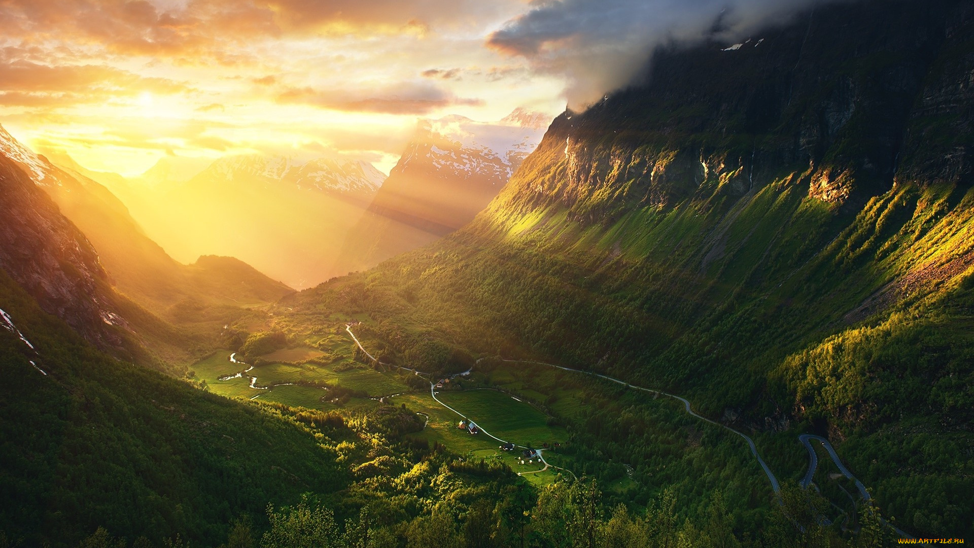 природа, восходы, закаты, долина, небо, гейрангер-фьорд, горы, свет, солнце, норвегия