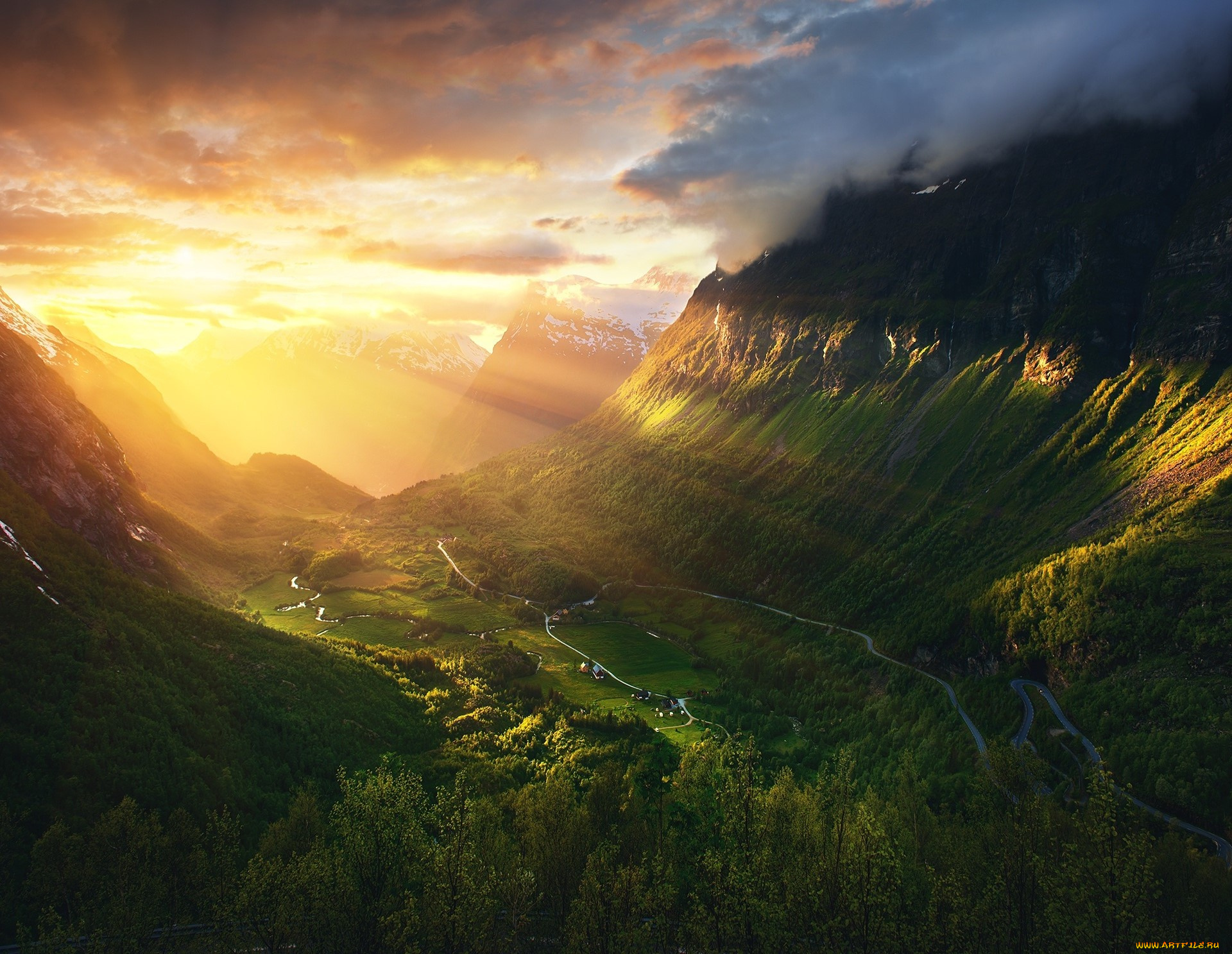 природа, восходы, закаты, долина, небо, гейрангер-фьорд, горы, свет, солнце, норвегия