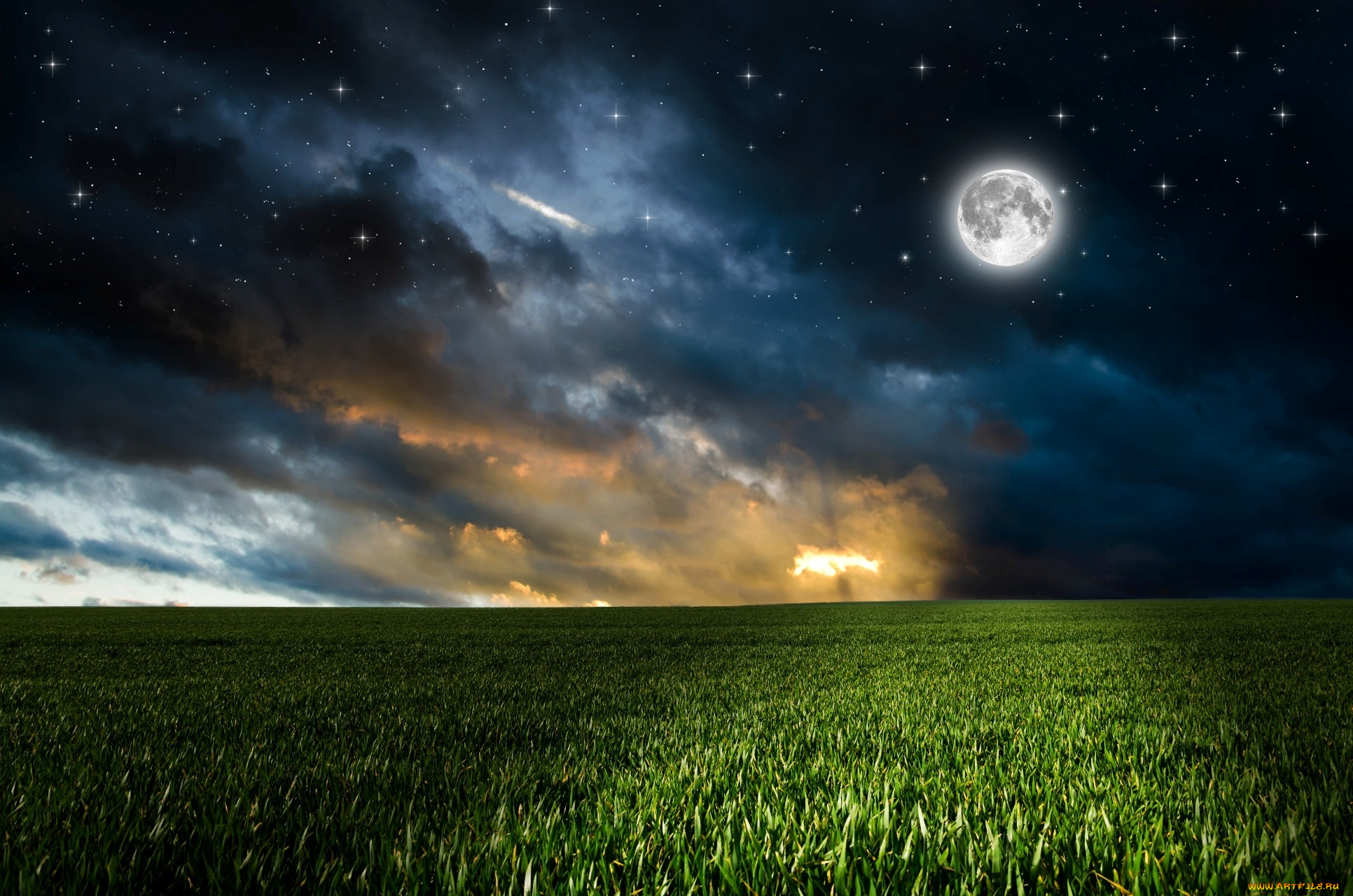 природа, поля, тучи, луна, небо, ночь, звезды, зелень, поле