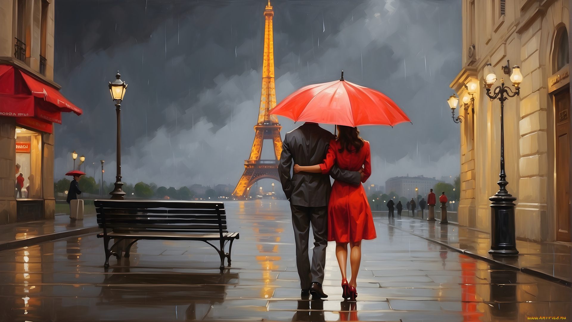 рисованное, живопись, девушка, город, дождь, париж, зонт, пара, мужчина, эйфелева, башня, ии-арт, нейросеть