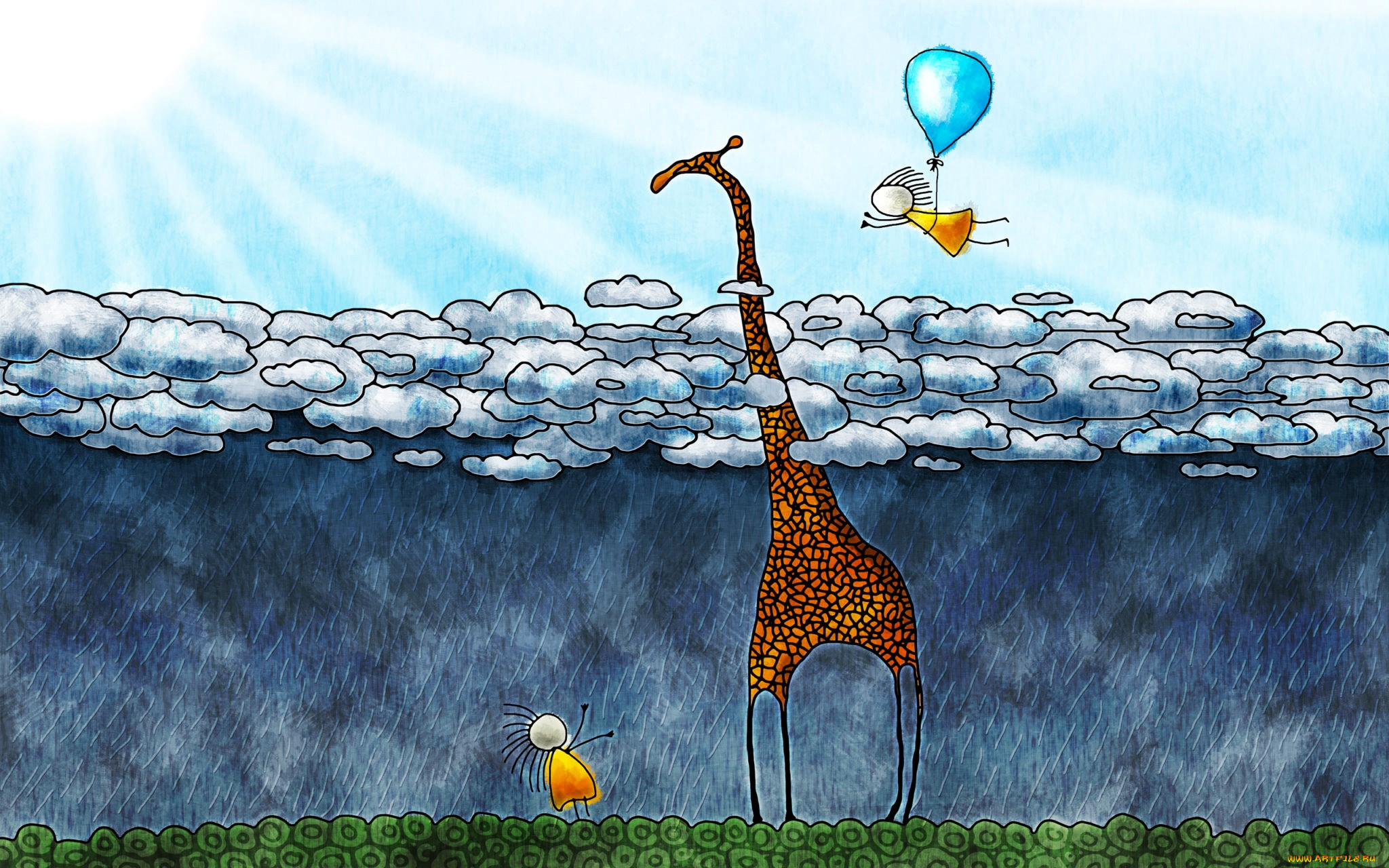 рисованное, vladstudio, жираф, дети, тучи, дождь, шарик