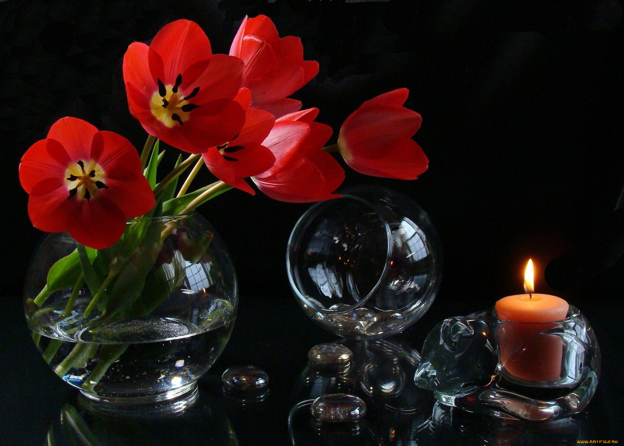 цветы, тюльпаны, ваза, бокал, свеча