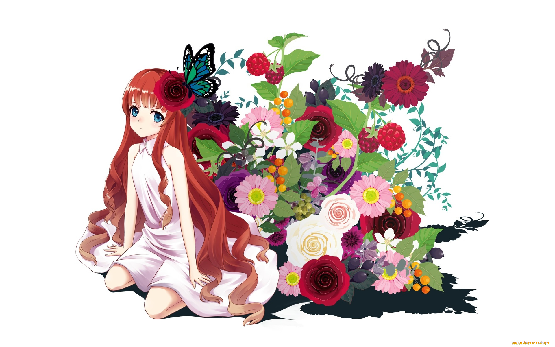аниме, unknown, , другое, lakuhito, цветы, девушка, арт